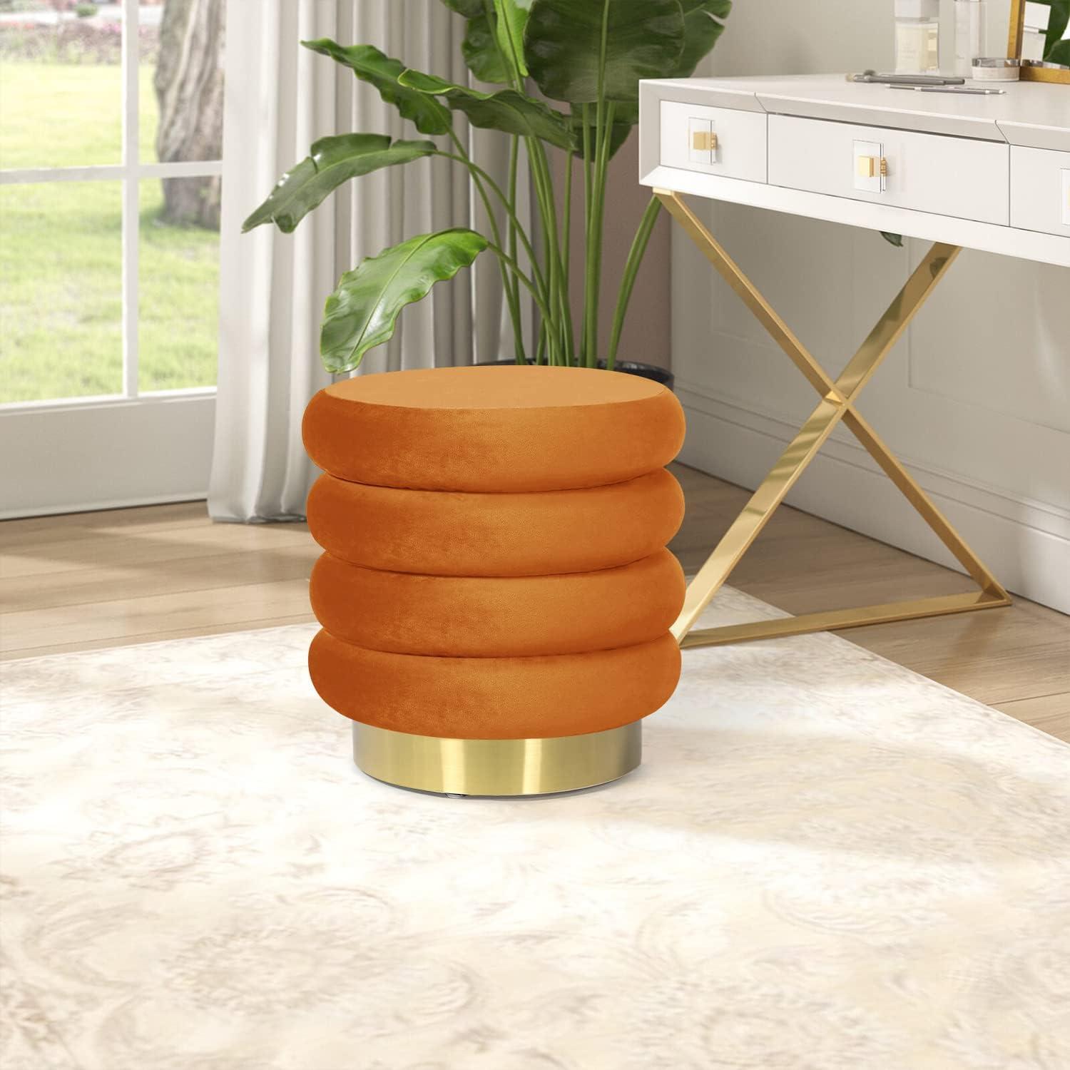 Adeco Round Ottoman Velvet Vanity Stool Chair with Metal Base, Modern Padded Footrest Stool Seat Footstool for Living Room Bedroom,Orange