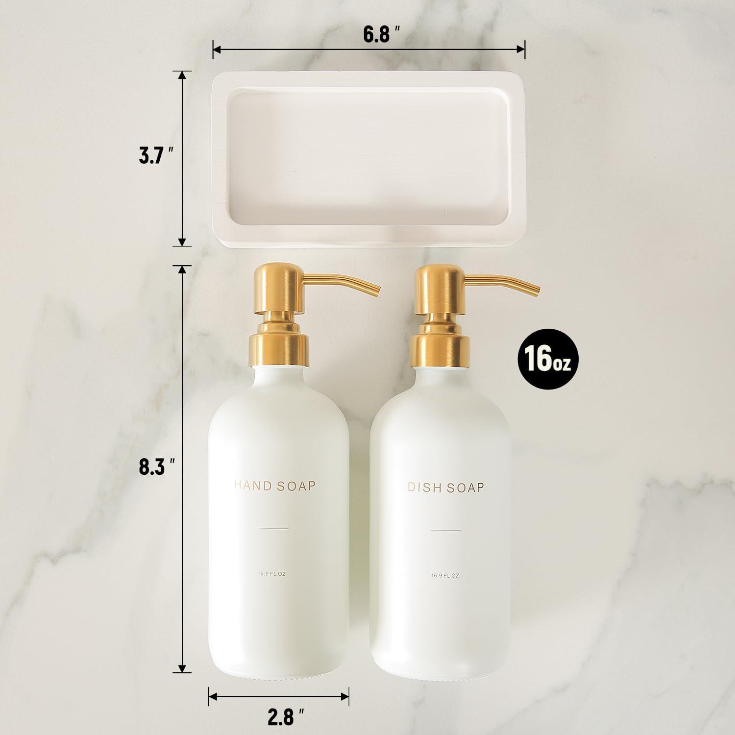 White and Gold Glass Soap Dispenser Set with Tray