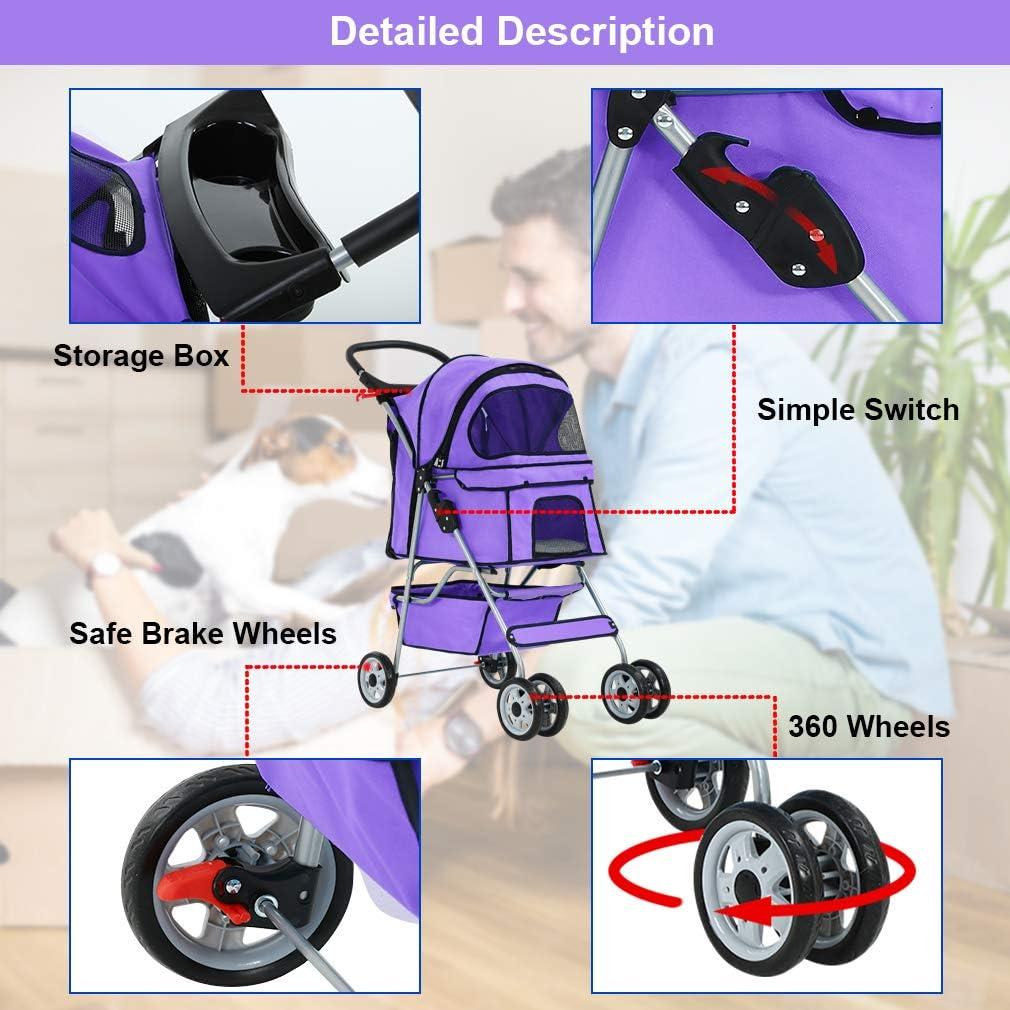 BestPet Pet Stroller Cat Dog Cage Stroller Travel Folding Carrier, Purple, 4 Wheels