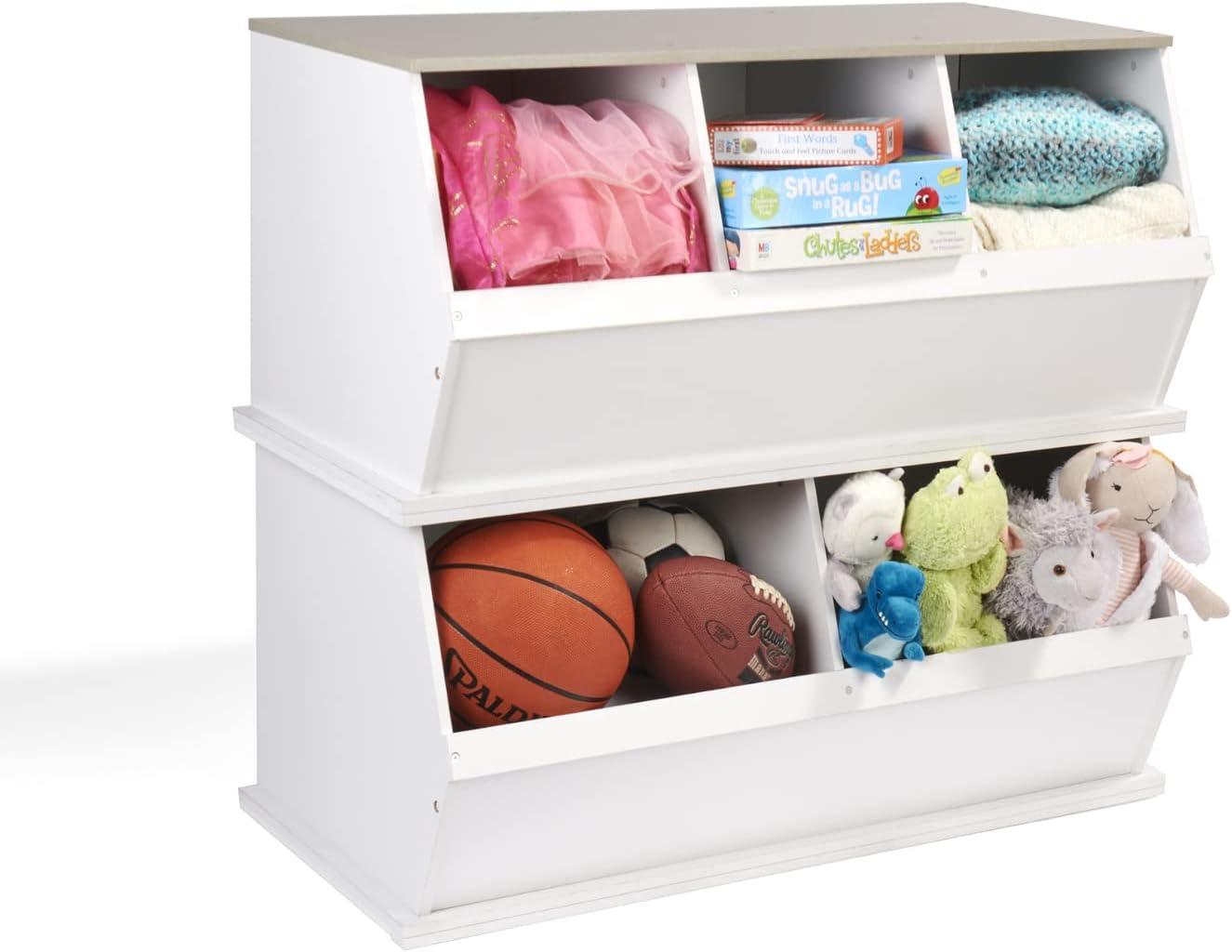 Badger Basket Two Bin Stackable Storage Cubby - White/Gray Woodgrain (White)