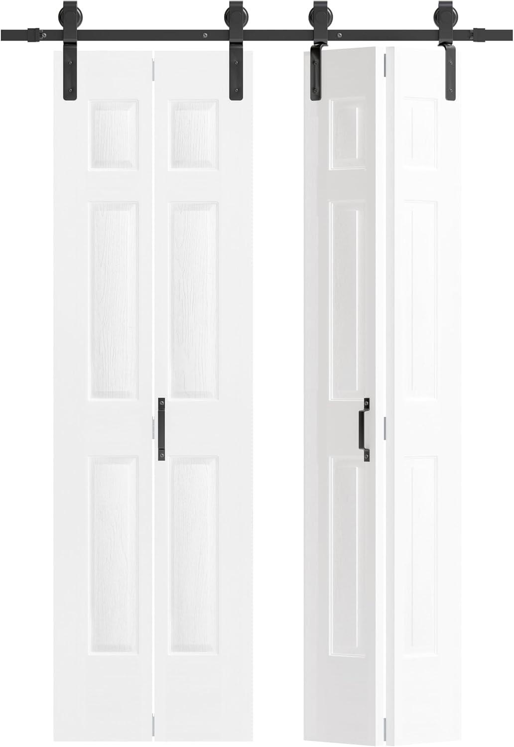 48"（24" x2） x 84" Bi-Folding Barn Door, 6-Panel with Sliding Hardware Kit Set, Pre-drilled Closet Door Slab, 4.3FT Track for 4 Finished Doors, MDF, White