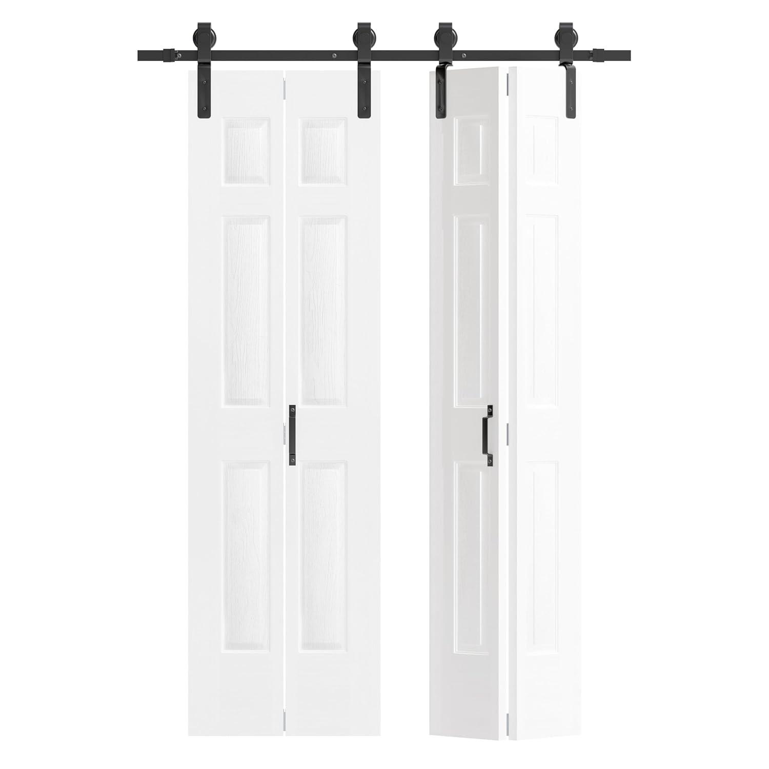 48"（24" x2） x 84" Bi-Folding Barn Door, 6-Panel with Sliding Hardware Kit Set, Pre-drilled Closet Door Slab, 4.3FT Track for 4 Finished Doors, MDF, White