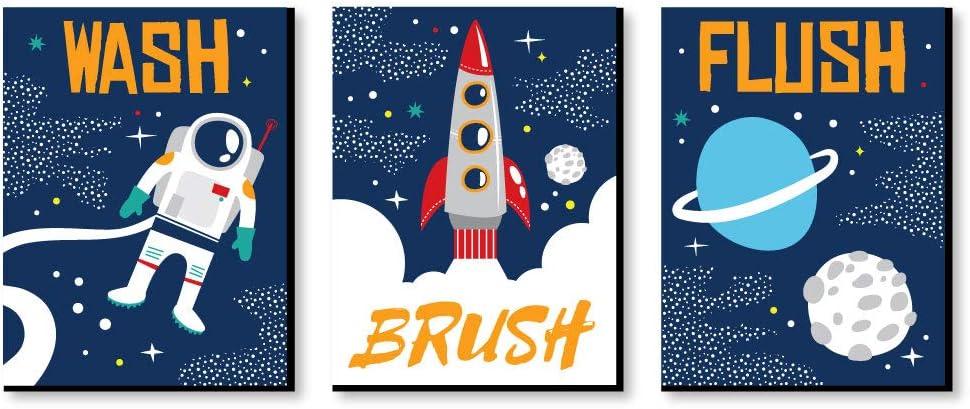 Big Dot of Happiness Blast Off to Outer Space - Kids Bathroom Rules Wall Art - 7.5 x 10 inches - Set of 3 Signs - Wash, Brush, Flush