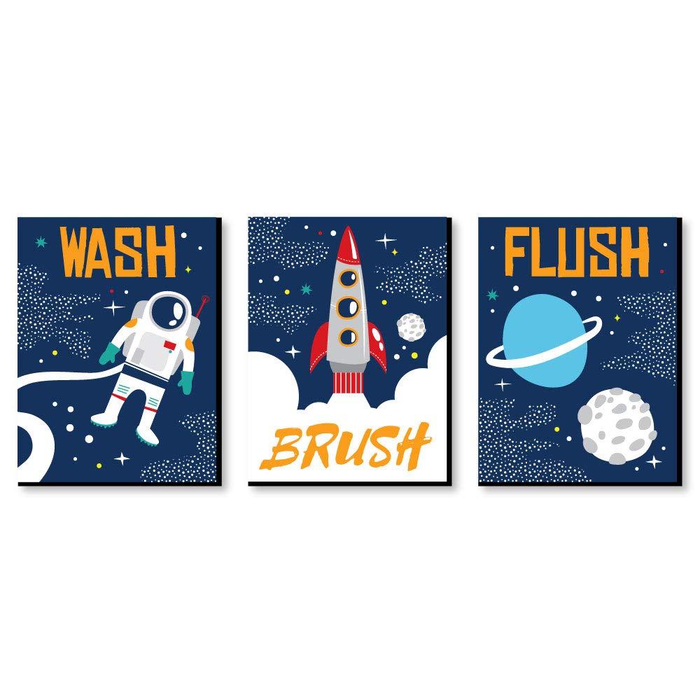 Big Dot of Happiness Blast Off to Outer Space - Kids Bathroom Rules Wall Art - 7.5 x 10 inches - Set of 3 Signs - Wash, Brush, Flush