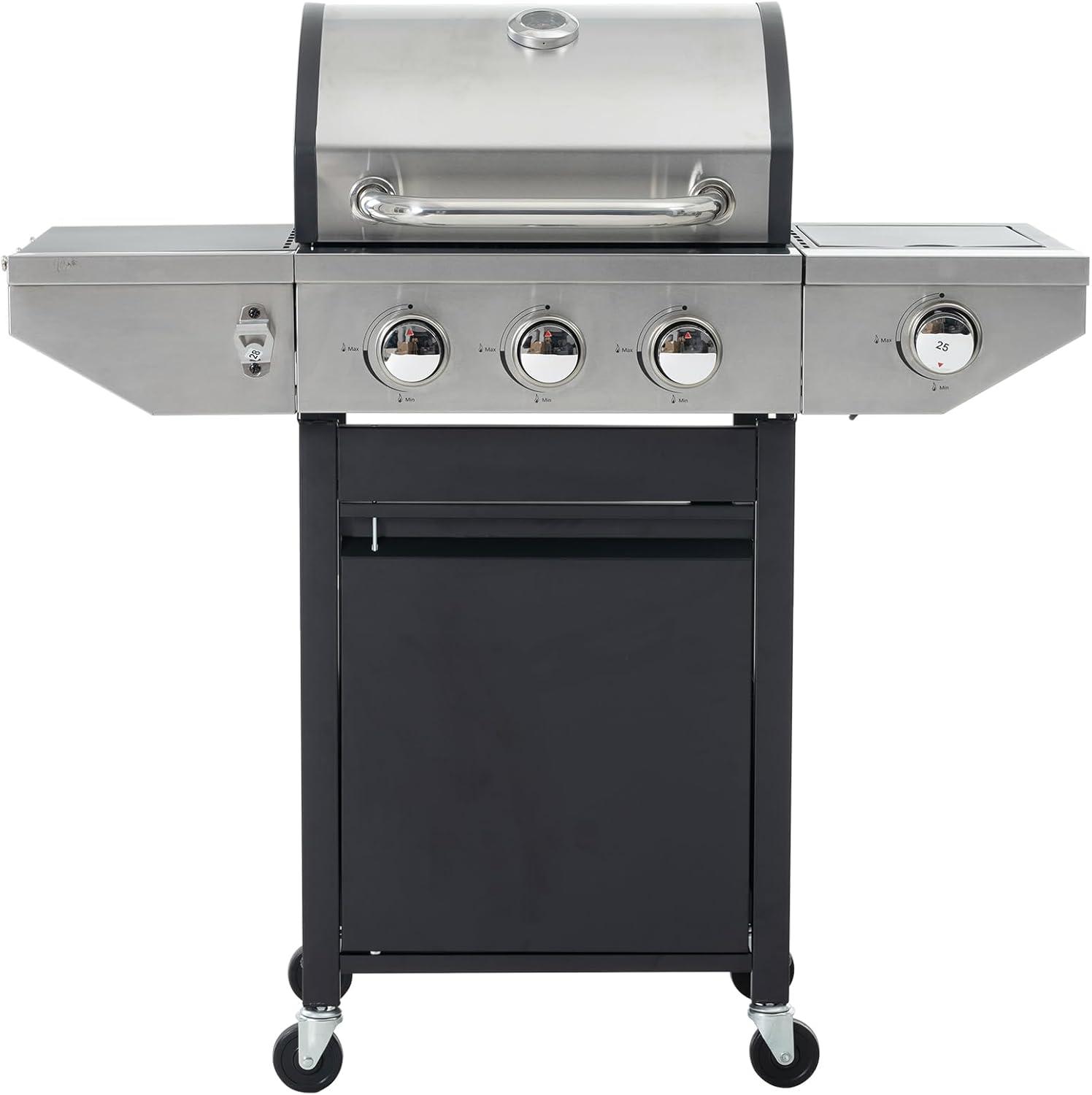 Propane Grill 3 Burner Stainless Steel BBQ Gas Grill with Side Burner, Thermometer, and Even Heating Cast Iron Grates for Outdoor BBQ and Camping