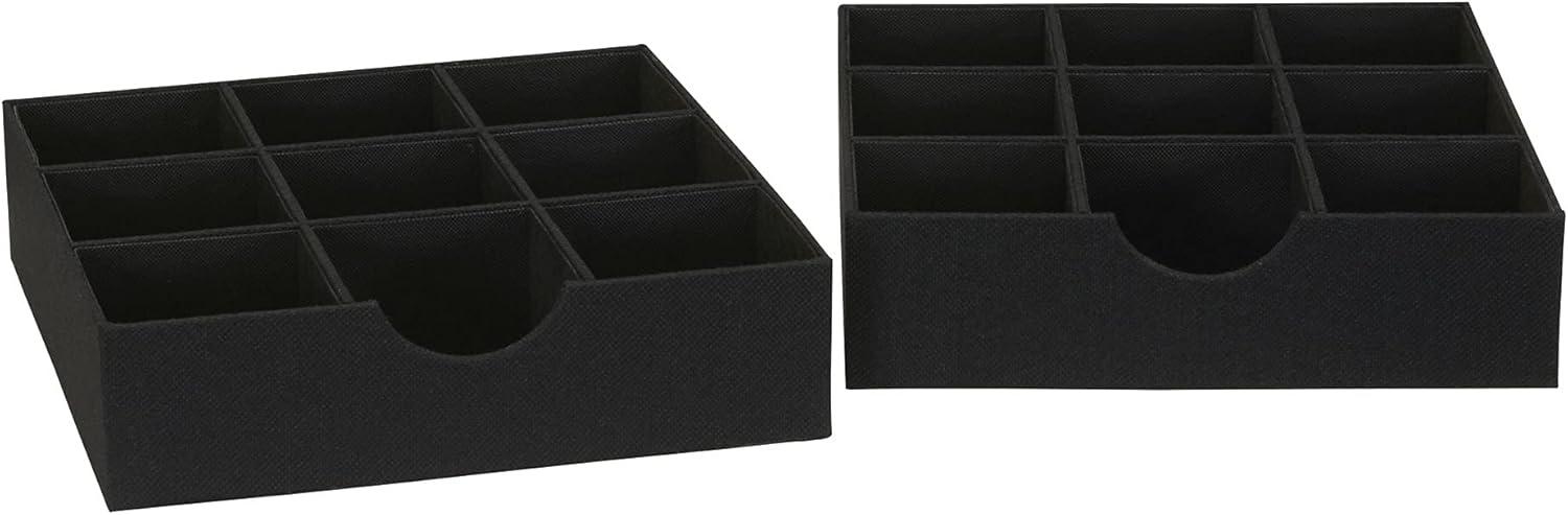 Household Essentials 9-Compartment Drawer Organizers, Pack of 2, Sturdy Chipboard With Soft Polyester Cover, Convenient and Stylish Storage Solution, 3” H x 12” W x 12” D, Black Linen