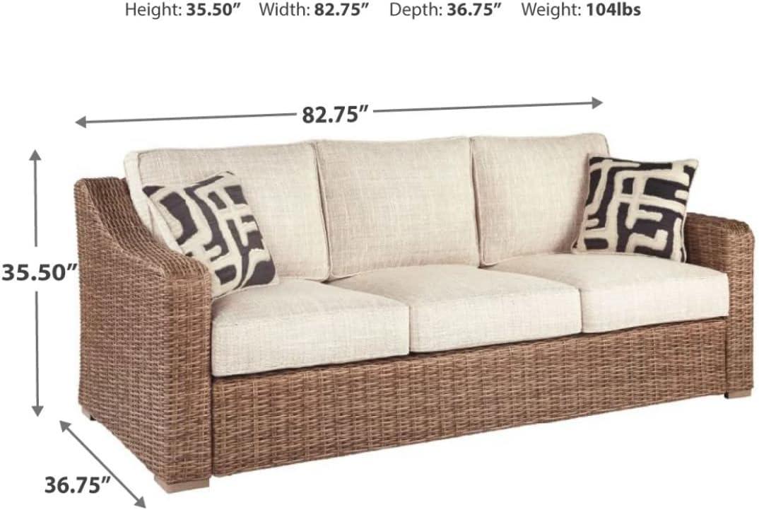 Beige Wicker and Plastic Stationary Outdoor Sofa with Cushions