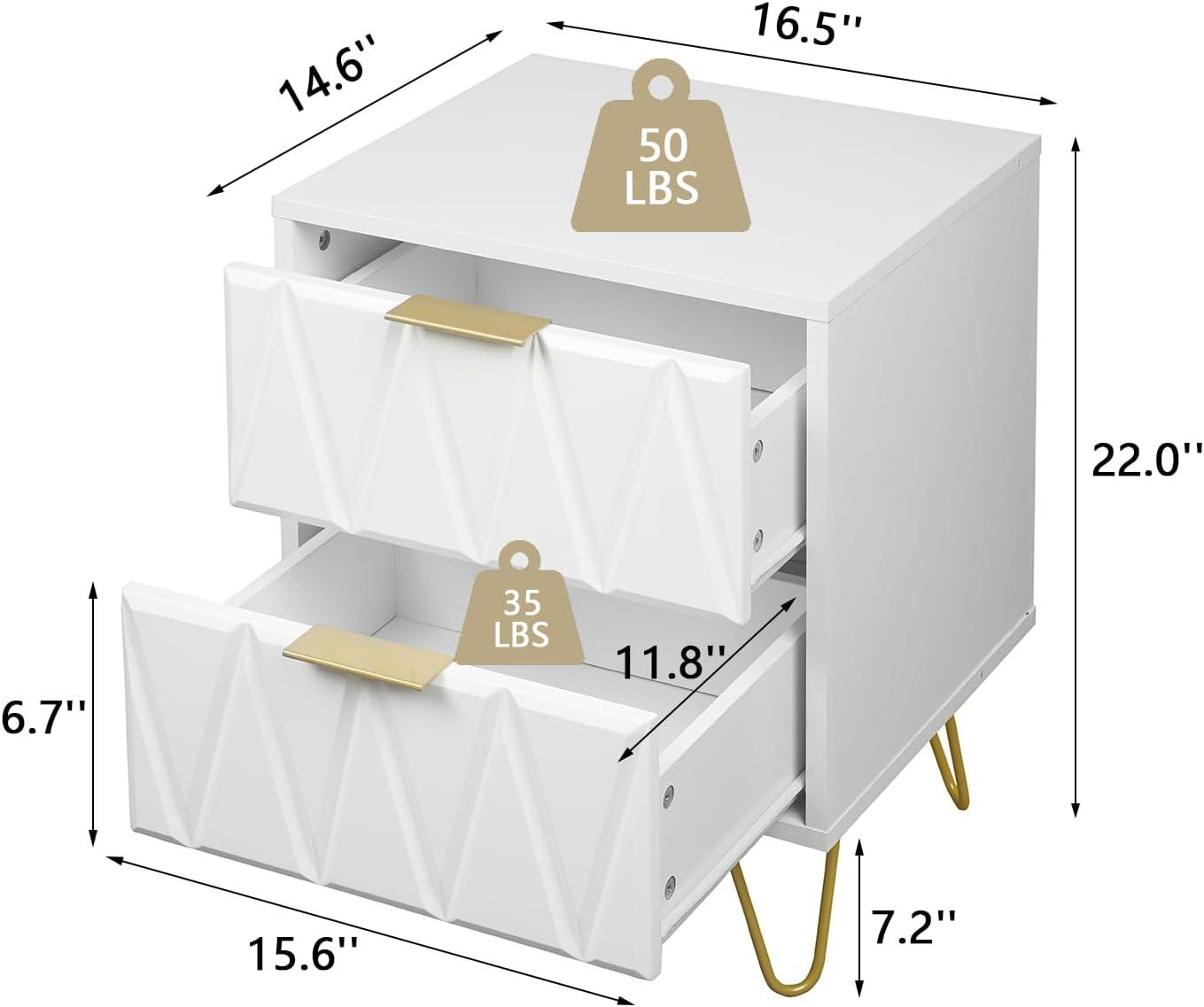 White and Gold Nightstand Set of 2,Modern Bedside Table with 2 Drawer for Bedroom,End Side Table with Gold Legs for Living Room,White Night Stand Set 2 for Bedroom