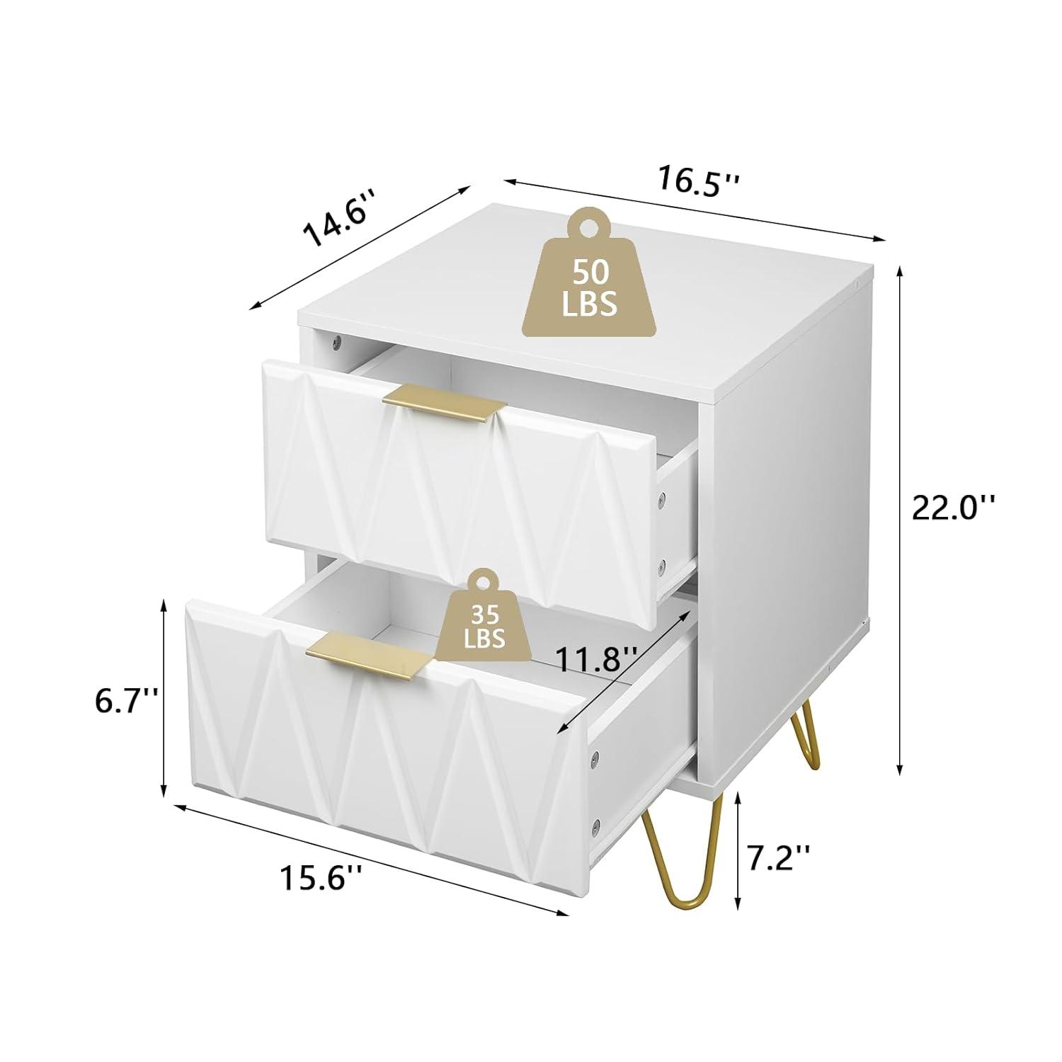 White and Gold Nightstand Set of 2,Modern Bedside Table with 2 Drawer for Bedroom,End Side Table with Gold Legs for Living Room,White Night Stand Set 2 for Bedroom