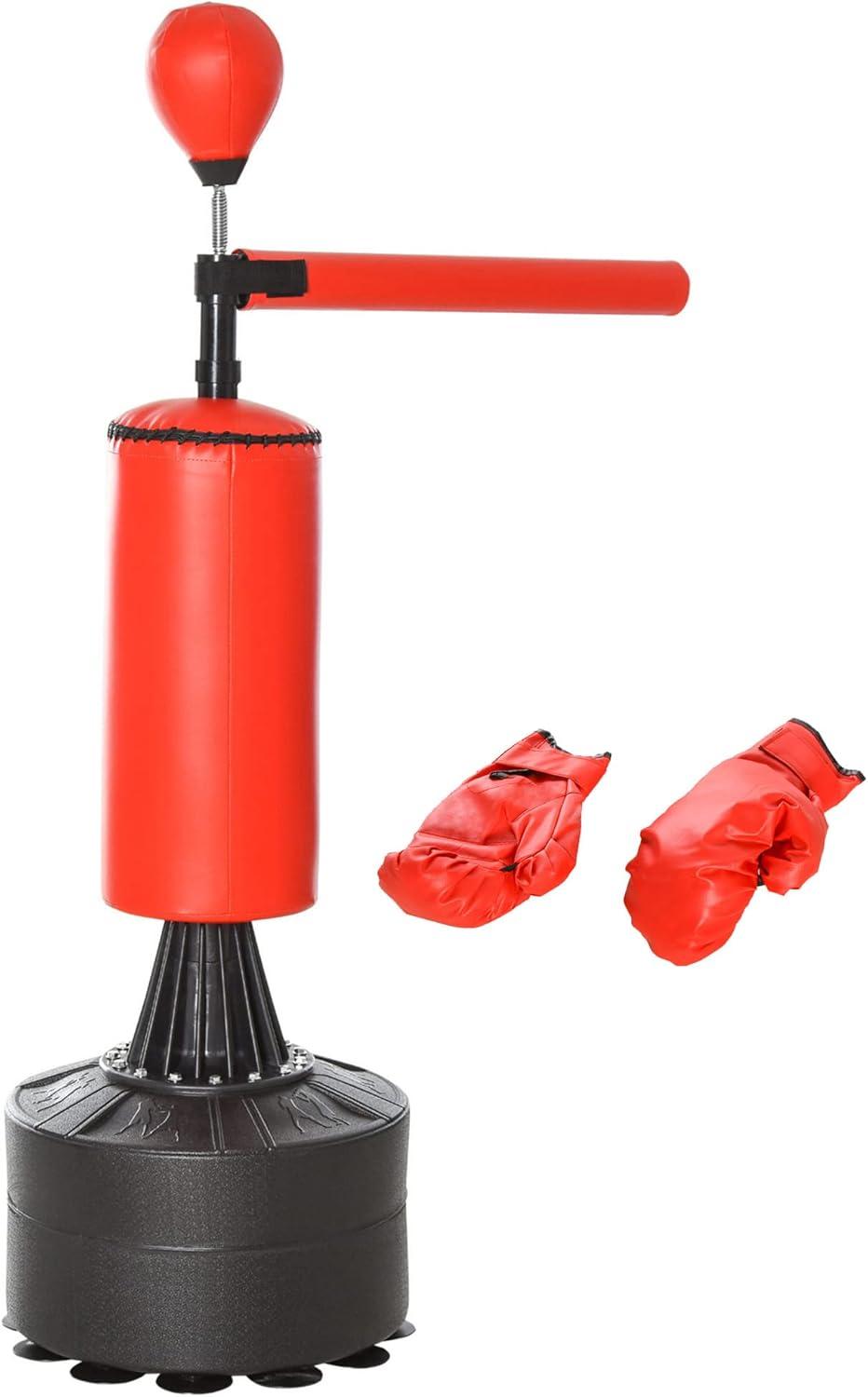 Soozier Boxing Speed Punch Bag Freestanding with Reflex Bar and Gloves Rotating Flexible Arm, Speed Ball, Waterable Base for Adult & Kids, Red