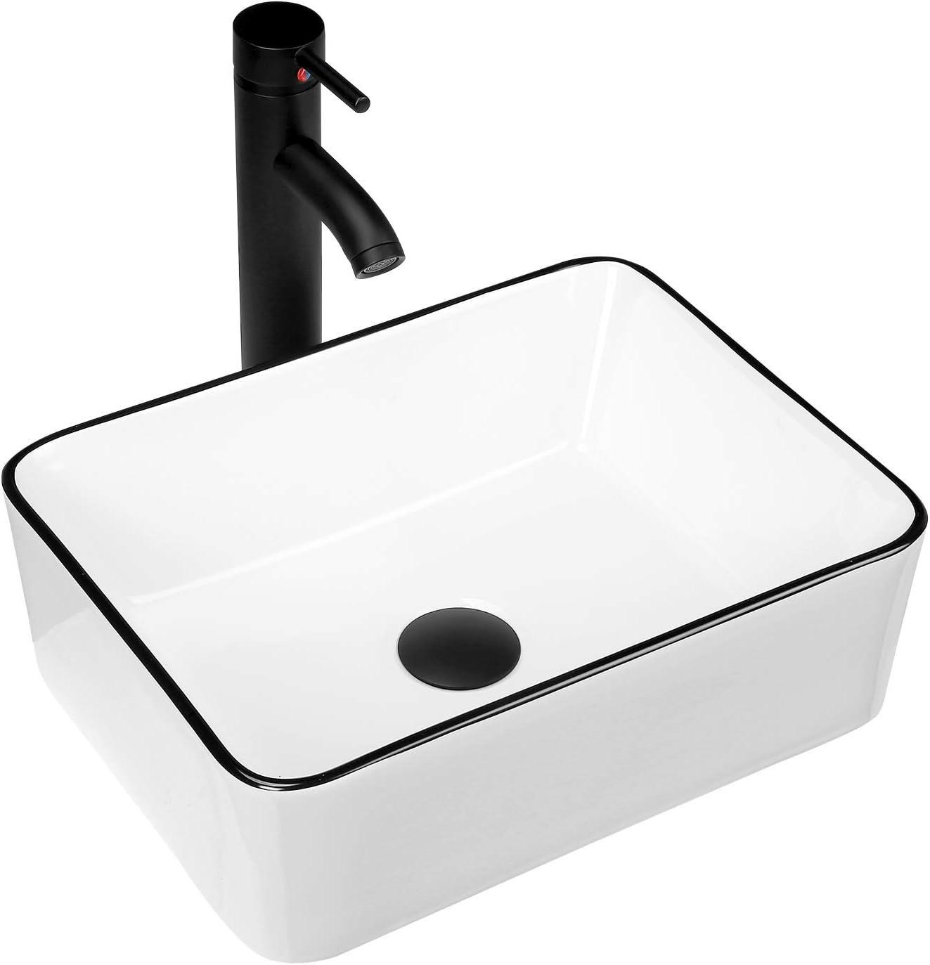 Rectangular White Ceramic Above-Counter Sink with Black Trim