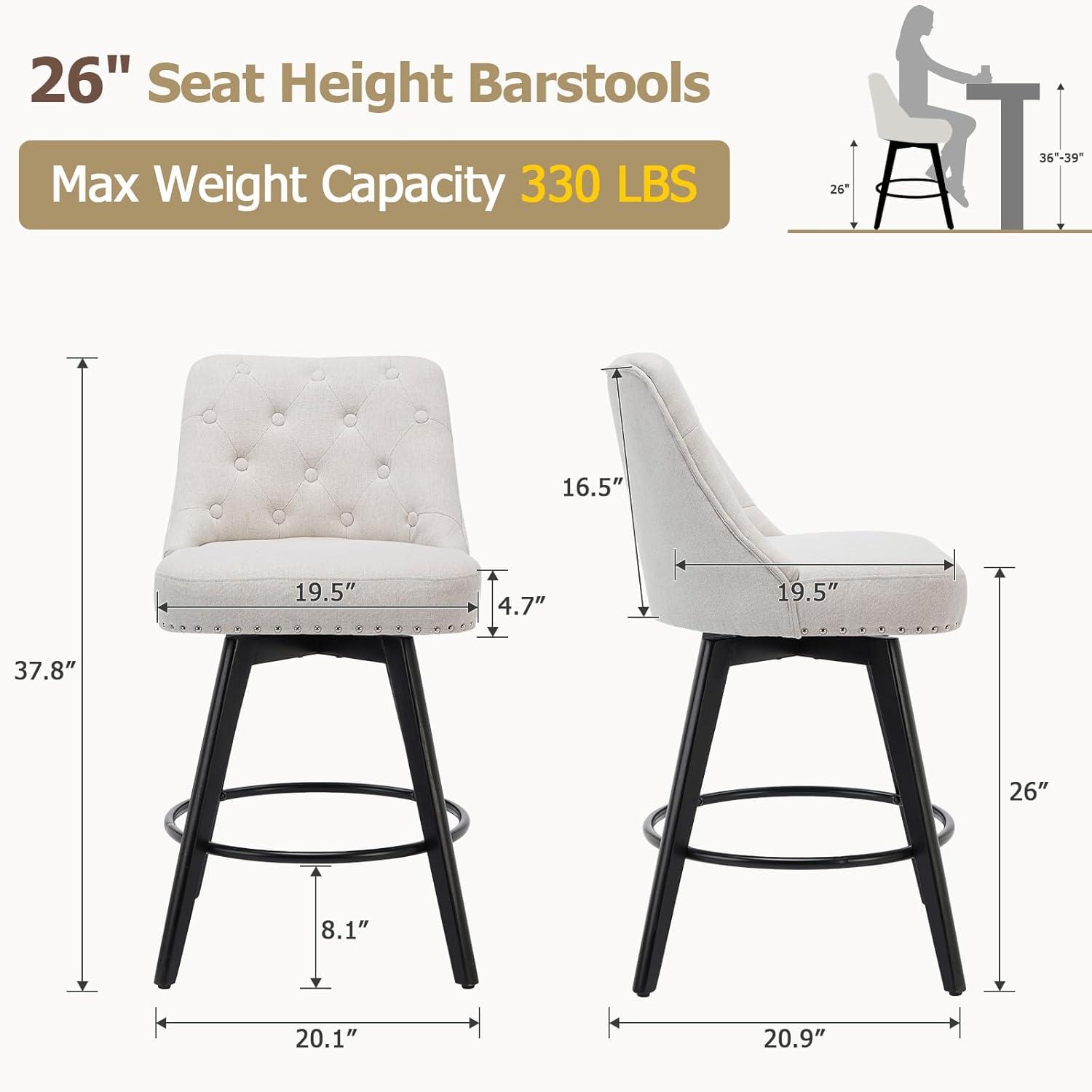 Counter Bar Stools Set of 2, Modern Swivel Bar Stools with Back and Wood Legs, 26" H Upholstered Bar Chair for Kitchen Island Home Bar, Linen Beige