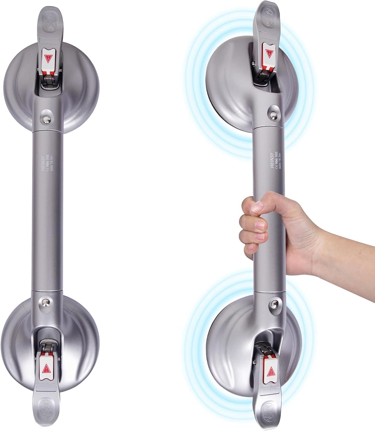 19-Inch Shower Handle - Upgraded Grab Bar with Strong Suction Cups for Bathtub & Shower Safety, Ideal for Seniors, Elderly, Disabled，Silver