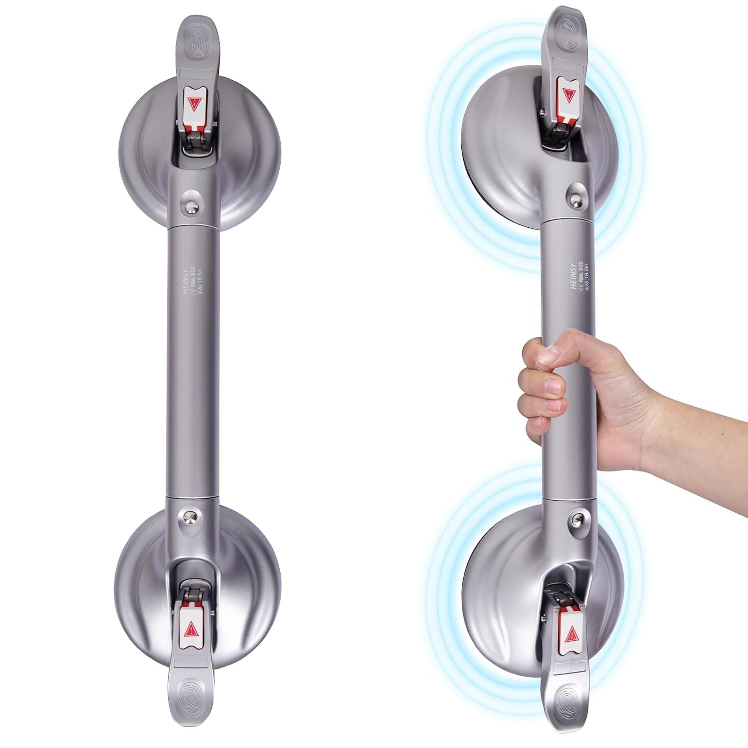 19-Inch Shower Handle - Upgraded Grab Bar with Strong Suction Cups for Bathtub & Shower Safety, Ideal for Seniors, Elderly, Disabled，Silver