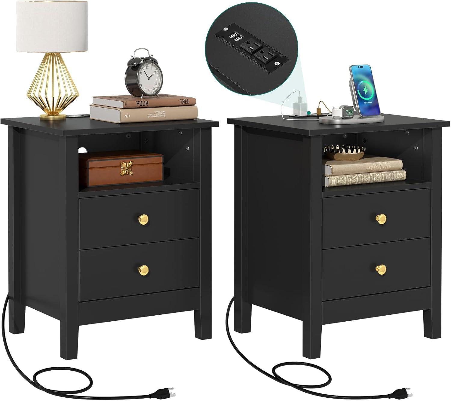 Black Modern Nightstand with USB Ports and 2 Drawers