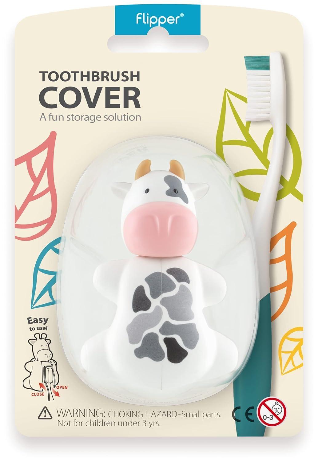 Flipper Fun Animal Cow Toothbrush Cover – Kids Toothbrush Holder with Cover – Toothbrush Holders for Bathrooms - Suction Cup Toothbrush Holder