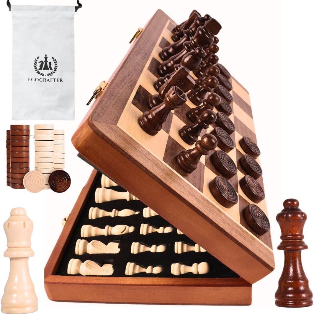 KiddiTouch 15 inch Magnetic Wooden Chess Set 2 in 1 Folding Chess Board Travel Chess Games for Adults and Kids
