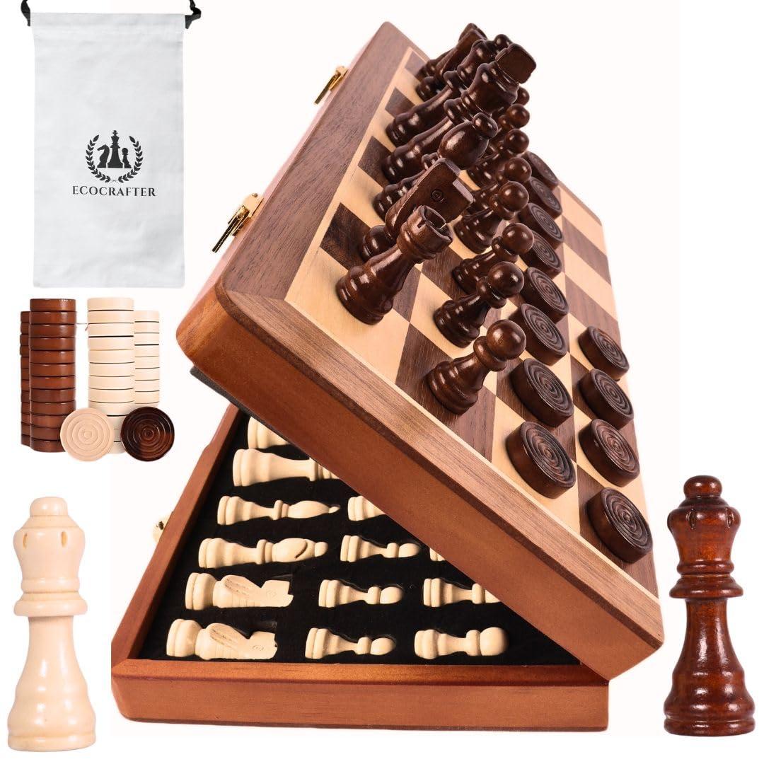 KiddiTouch 15 inch Magnetic Wooden Chess Set 2 in 1 Folding Chess Board Travel Chess Games for Adults and Kids