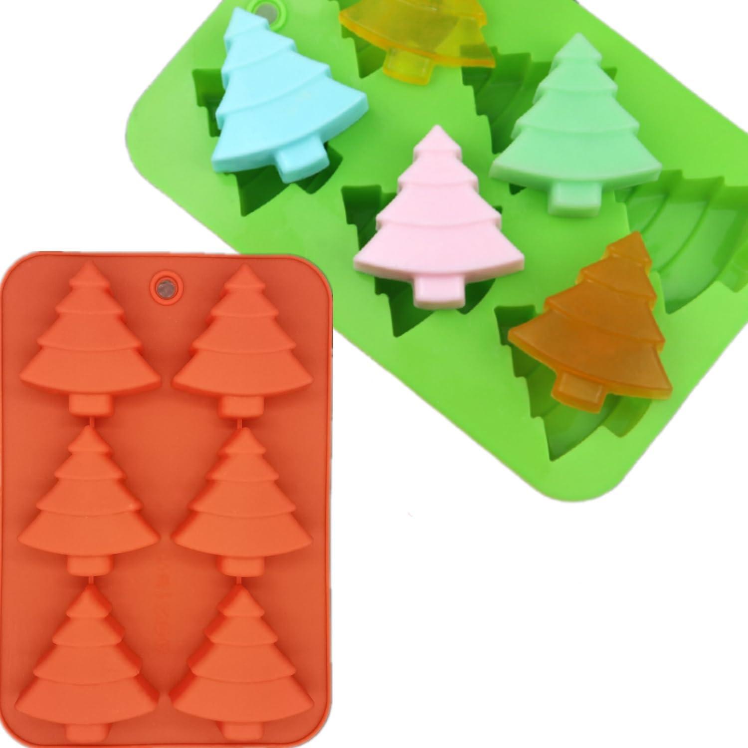 3 Pack Christmas Tree Silicone Molds,6 Cavity Candy Baking Trays for Holiday Cakes,Candies,Gummy,Chocolates,Jelly,Soap,Ice Cube,Cookies (red, green, purple)