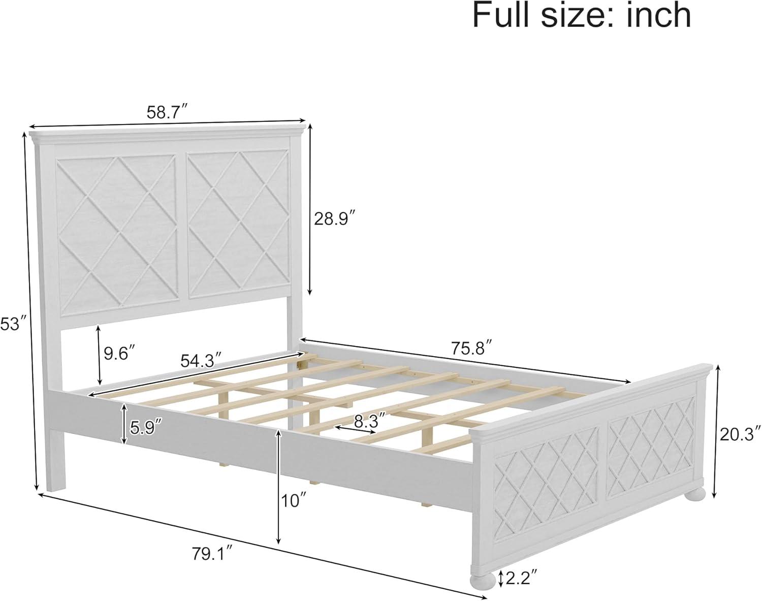 Antique White Full Size Wood Bed Frame with Tall Headboard