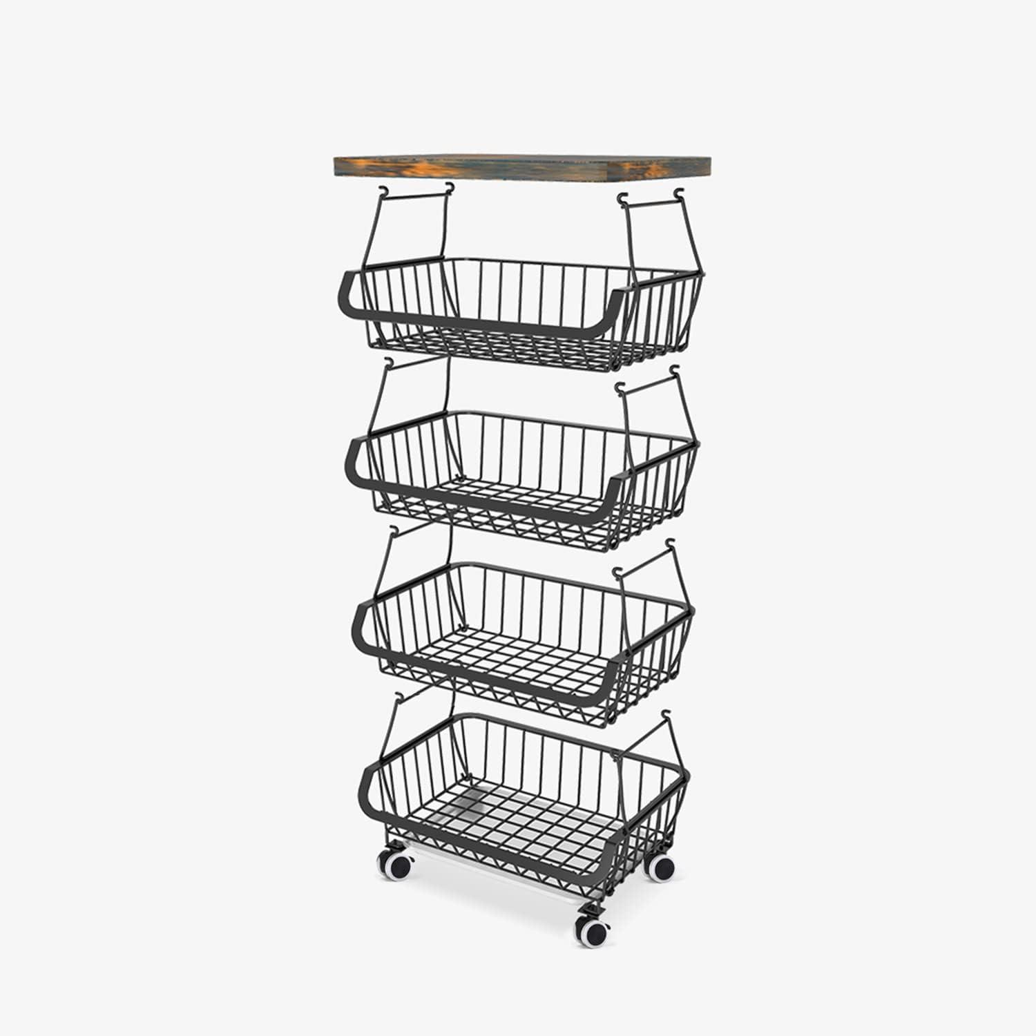 Black 5-Tier Metal and Wood Kitchen Storage Basket