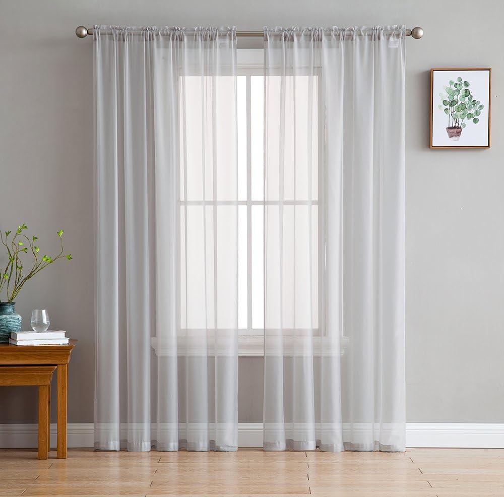 HLC.ME Sheer Voile Transparent Window Treatment Rod Pocket Curtain Panels - Set of 2 - Silver, 54 W x 63 L