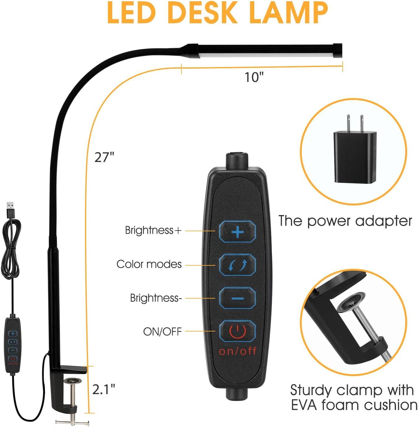 LED Desk lamp with Clamp, Eye-Caring Clip on Lights for Home Office, 3 Modes 10 Brightness, Long Flexible Gooseneck,Metal