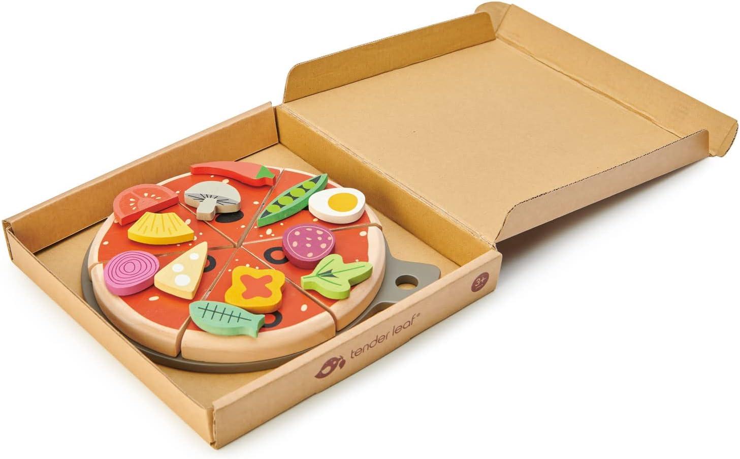 Tender Leaf Toys - Pizza Party - 6 Slices of Realistic Pizza Toy Set with 12 Different Toppings, Kraft Card Take-Out Box Included - Pretend Play Food for Kids - 3+