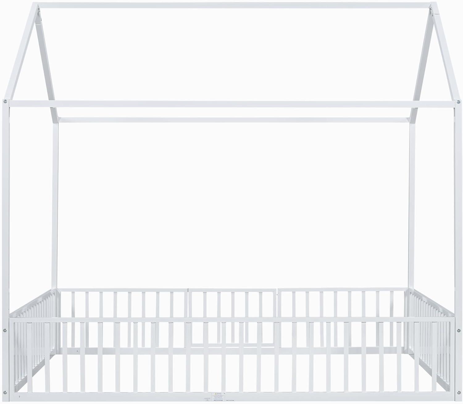 White Full Size Metal House Bed with Fence and Door