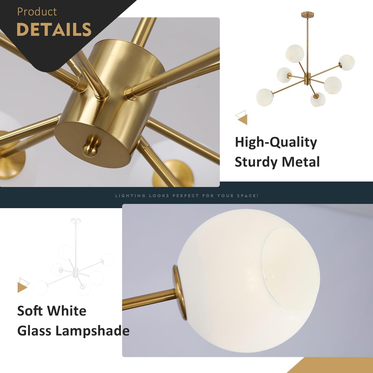 Claxy 6-Light Gold Sputnik Chandelier Light with Globe Milk Glass Shade