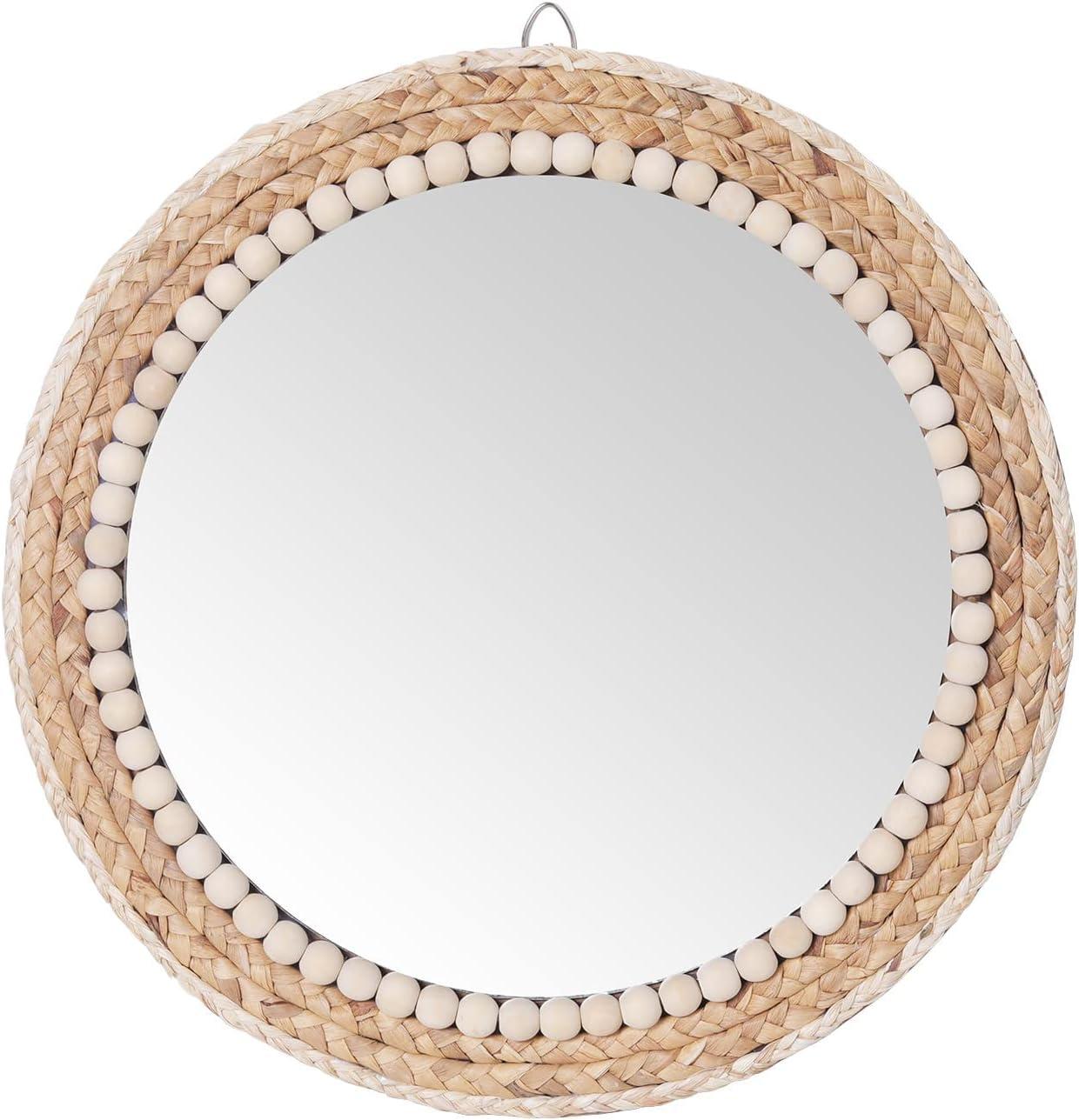 Boho Round Rattan and Wood Bead Wall Mirror, 15 Inch