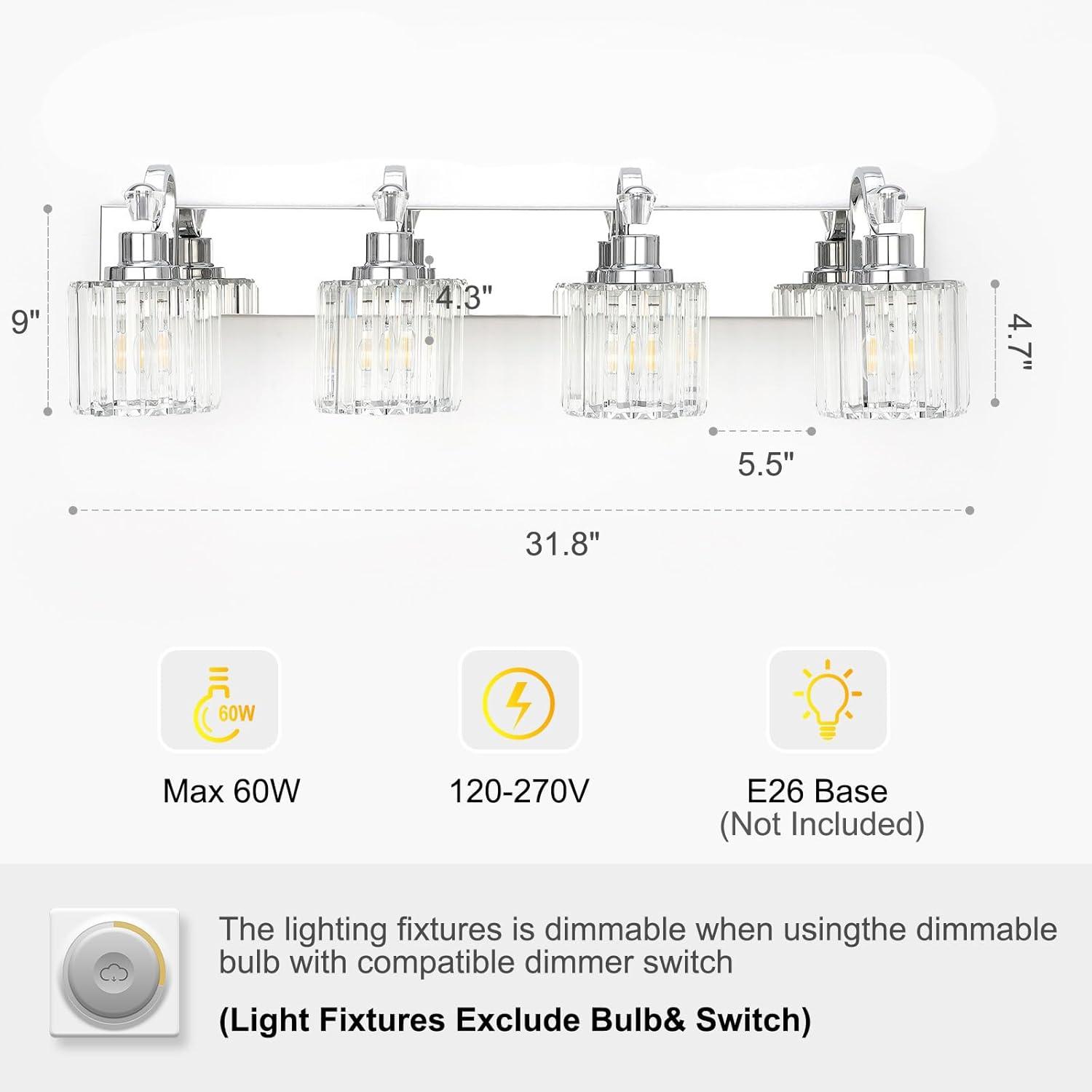 GAOMON LED Modern Crystal Bathroom Vanity Lights Over Mirror, Chrome Bathroom Light Fixtures Wall Light (4-Light)