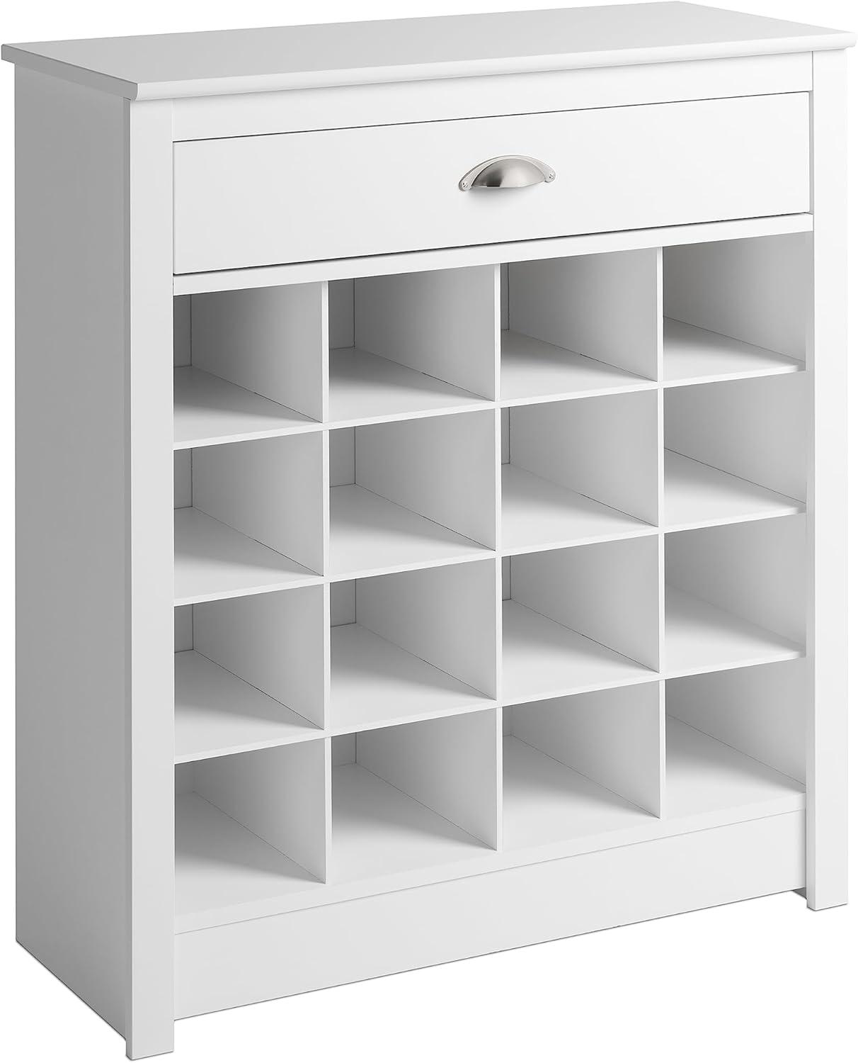 White 16-Cubby Entryway Shoe Storage Cabinet with Drawer