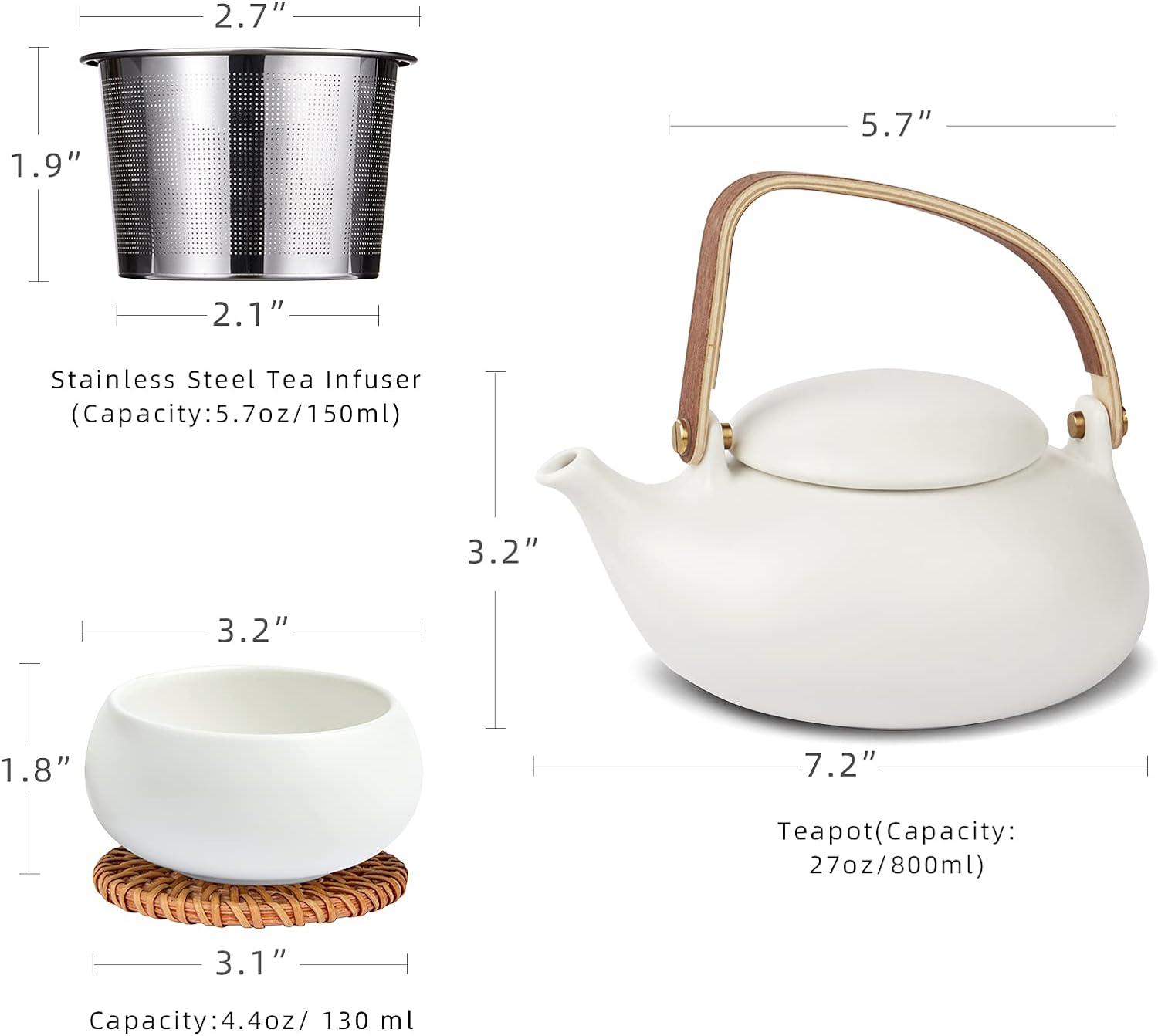 ZENS Japanese Tea Set with Infuser, Modern Bentwood Handle 27 oz Matte Ceramic Loose Leaf Teapot with 4 Cups & RattanCoasters for Tea Lover Gift