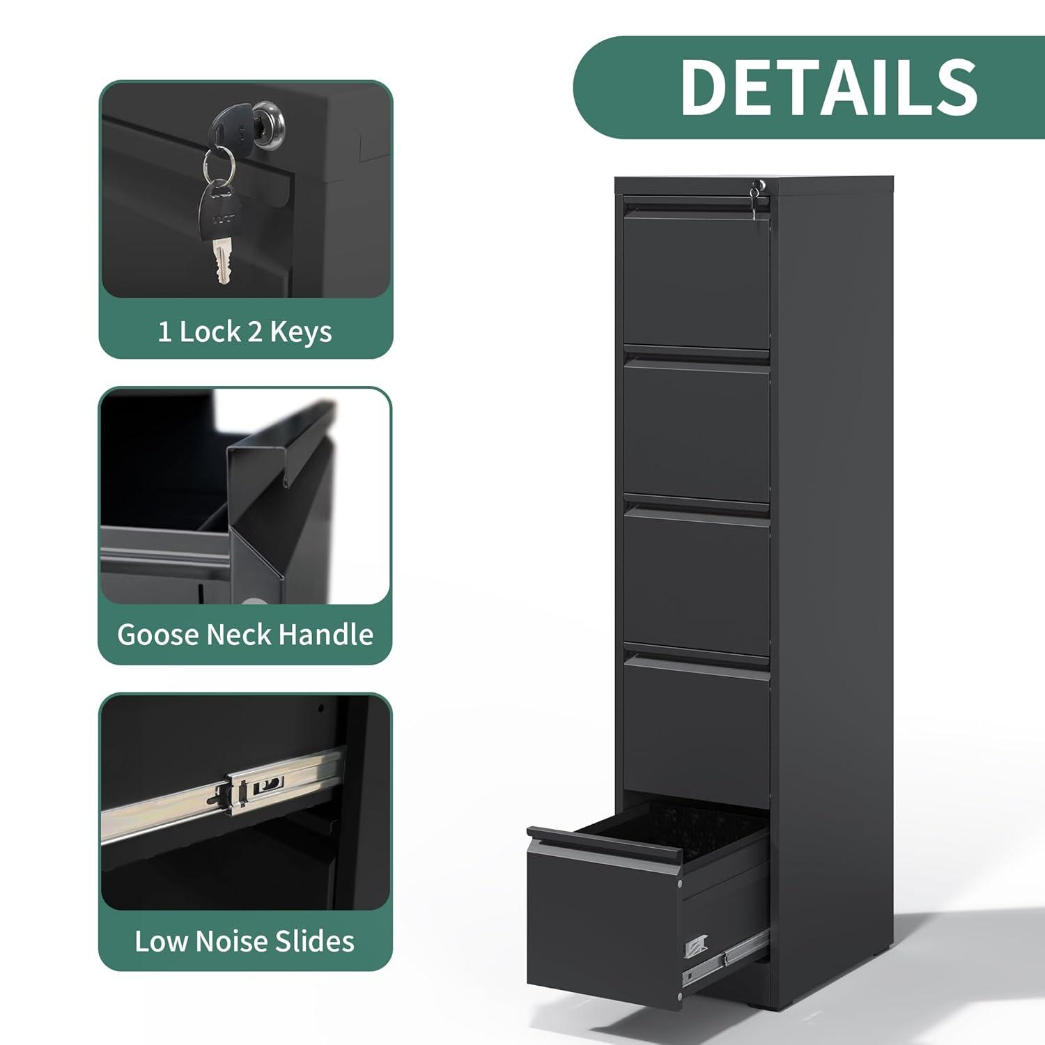 Yiyuanjin 5 Drawer Vertical Metal File Cabinet with Lock for A4 Legal/Letter Size, Black
