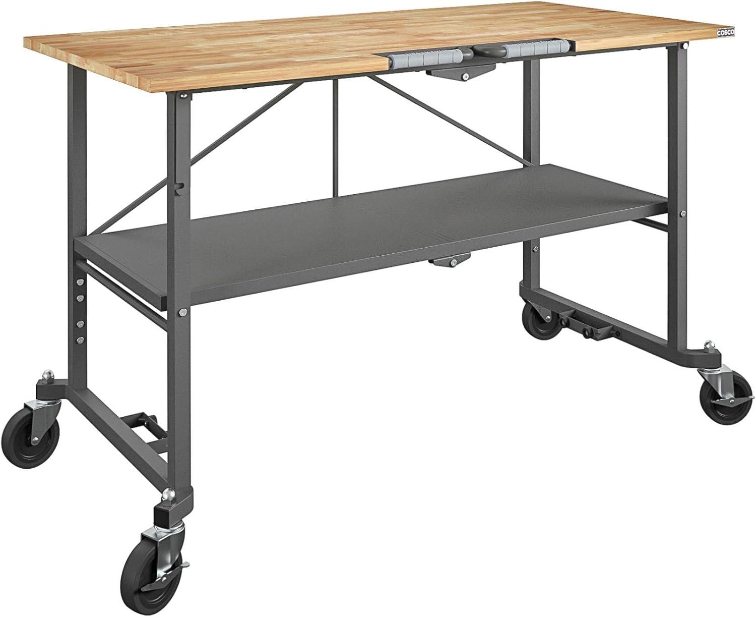 COSCO SmartFold Butcher Block Portable Workbench / Folding Utility Table (Gray Steel Frame)