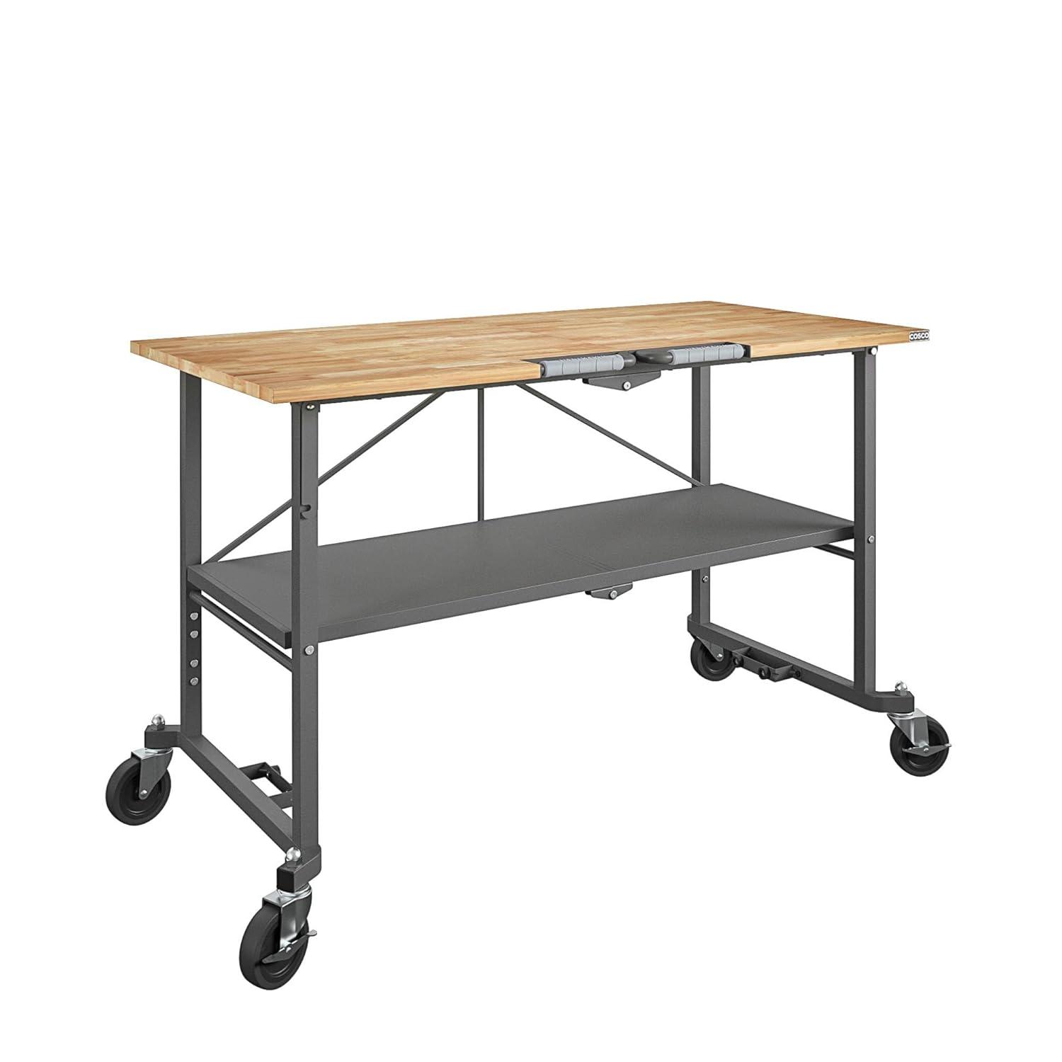 COSCO SmartFold Butcher Block Portable Workbench / Folding Utility Table (Gray Steel Frame)