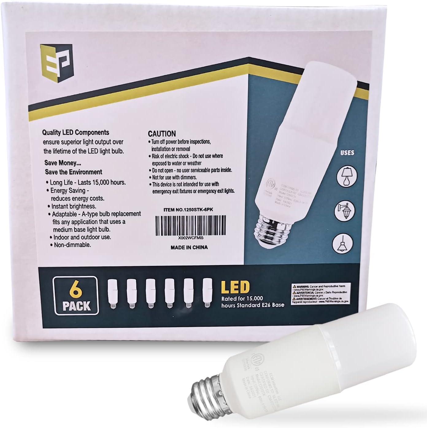EP 75W Equivalent LED Bulb - 12W 1100 Lumens 5000K Daylight White Non-Dimmable E26 Medium Base - Bright Bulbs for Home, Bedroom, Office Lamp, 6 Pack