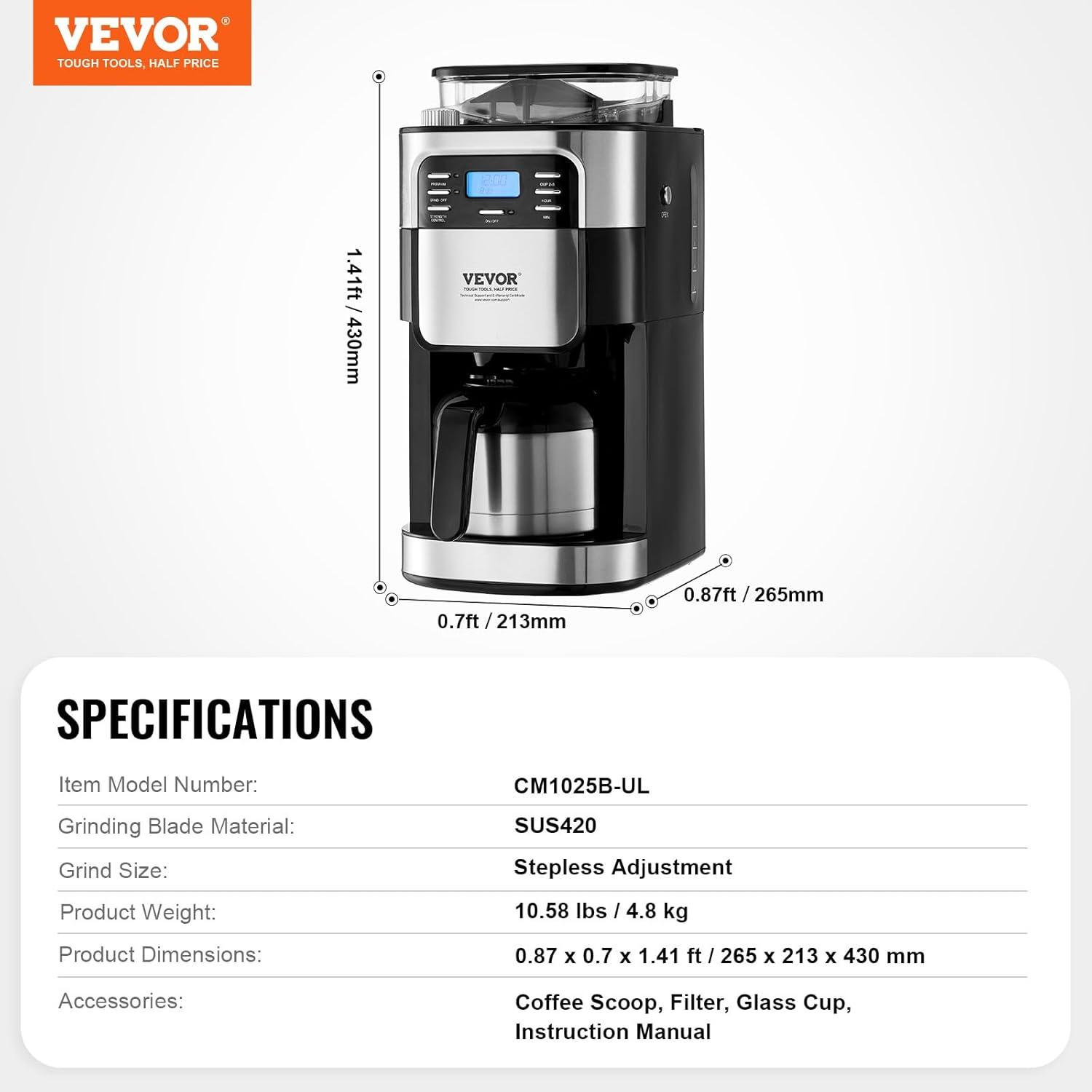 Grind and Brew Coffee Maker Machine, 8 Cup Capacity with 3 Brew Strength Options, Built in Timer for Auto Morning Brew, Ideal for Office Home Cafe, Black