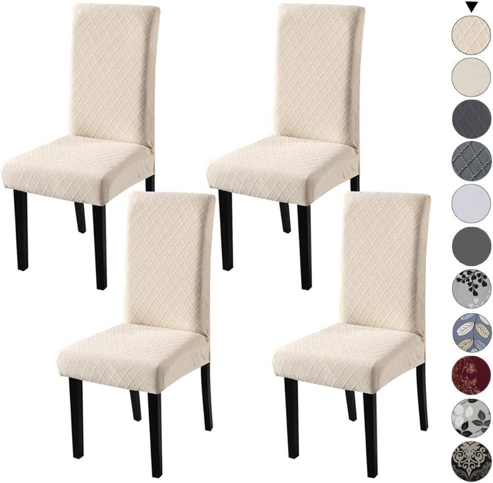 Beige Stretch Jacquard Dining Chair Covers, Set of 4