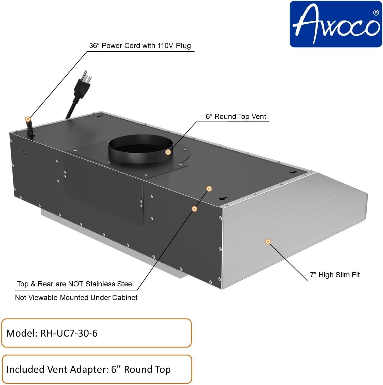 Awoco 30" Stainless Steel 900 CFM Ducted (Vented) Under Cabinet Range Hood with Baffle Filter