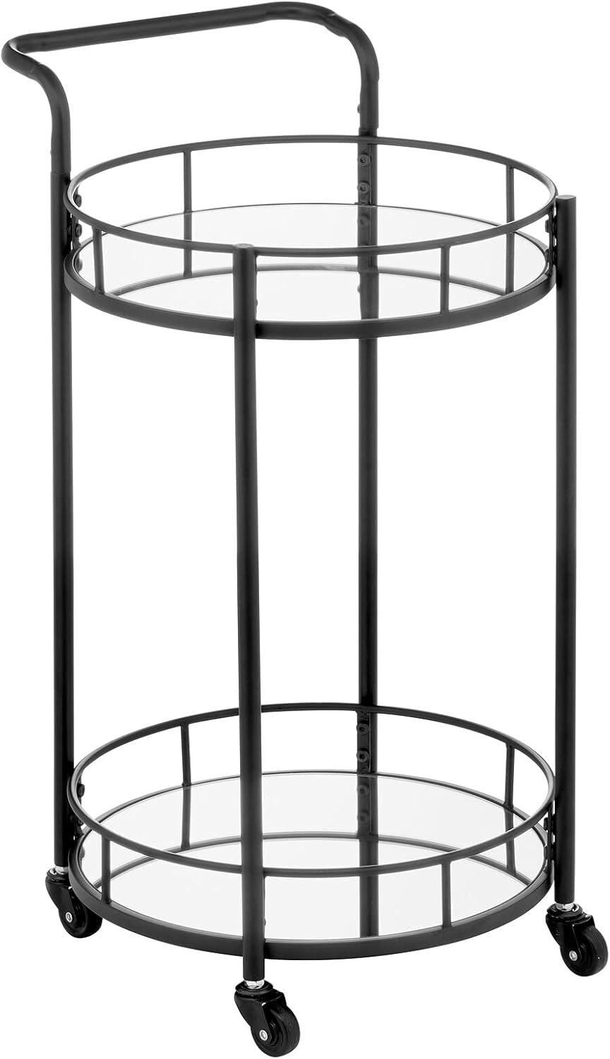 Black Round Metal Rolling Bar Cart with Glass Shelves