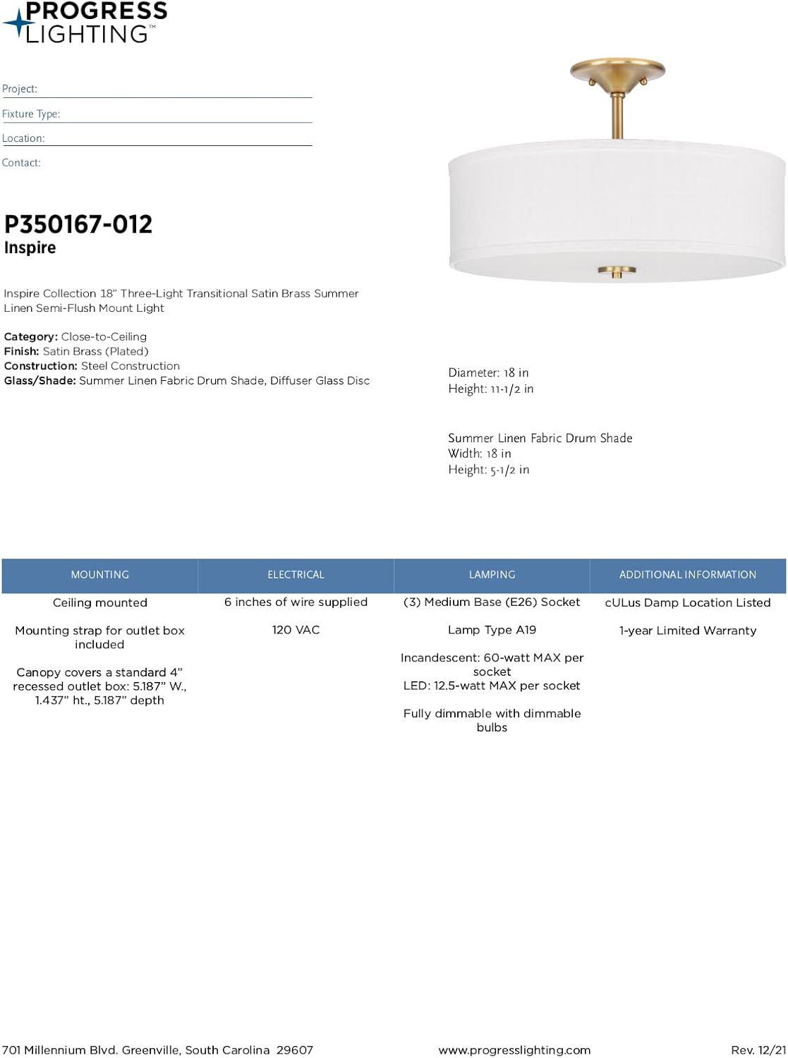 Elegant 18" Satin Brass Semi-Flush Mount with Summer Linen Shade