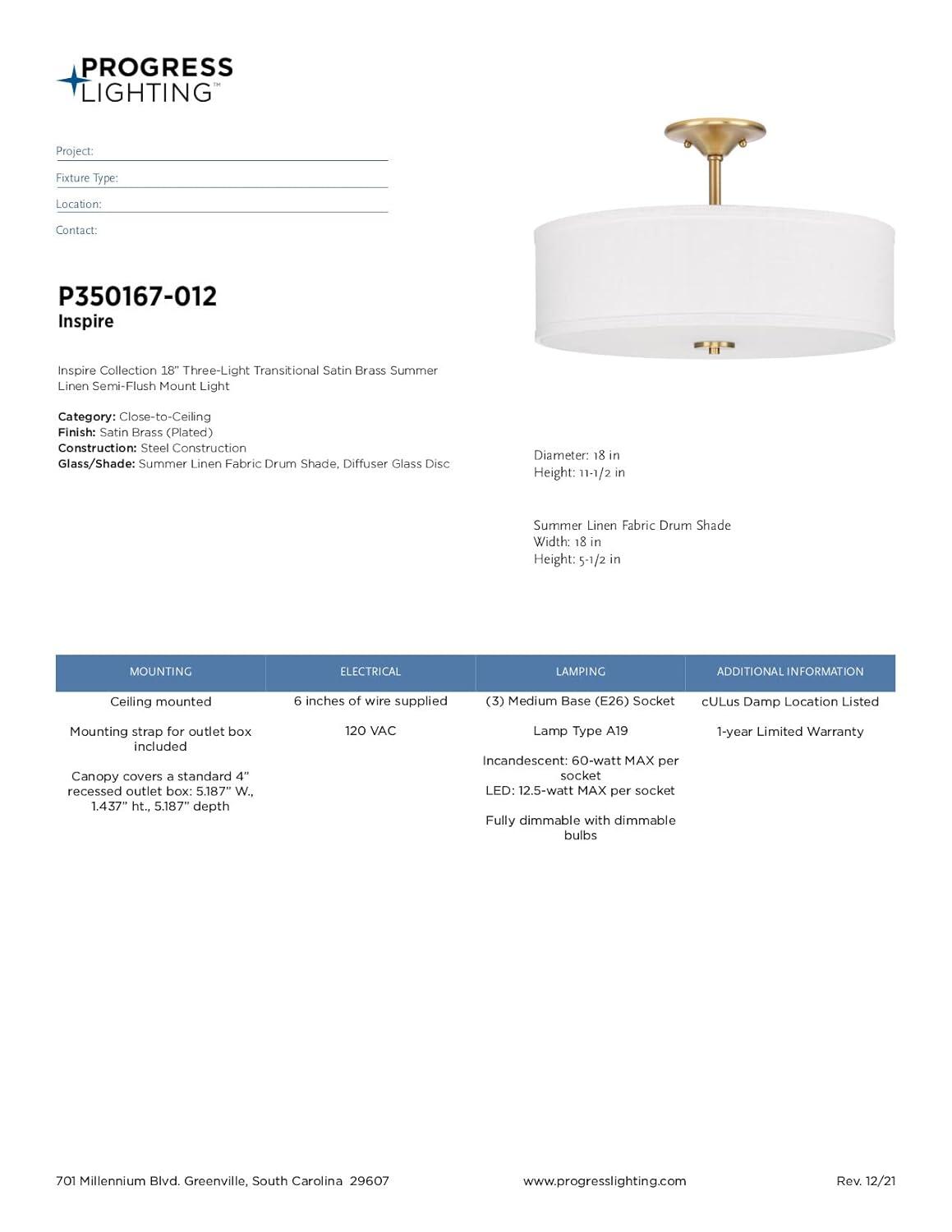Progress Lighting, Inspire Collection, 3-Light Semi-Flush Mount, Satin Brass, Summer Linen Shade