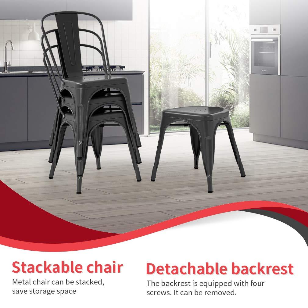 Metal Chairs Set of 4, Stackable Metal Patio Chairs 18 Inch Seat Height, Indoor/Outdoor Tolix Side Chair with Back, 330LBS Weight Capacity, Chic Kitchen Dining Chairs, Black