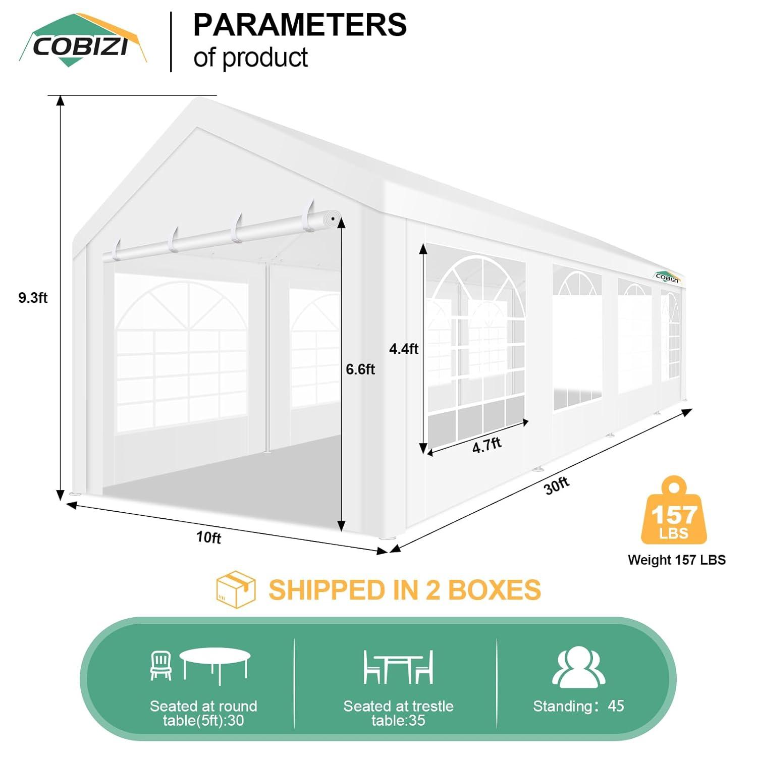 COBIZI 10x30ft Party Tent Heavy Duty, Wedding Tent, Event Tent for Parties, Carpas para Fiestas with 6 Removable Sidewalls, 10x30 Tent with Built-in Sandbag, UV50+, Waterproof, Carport, White