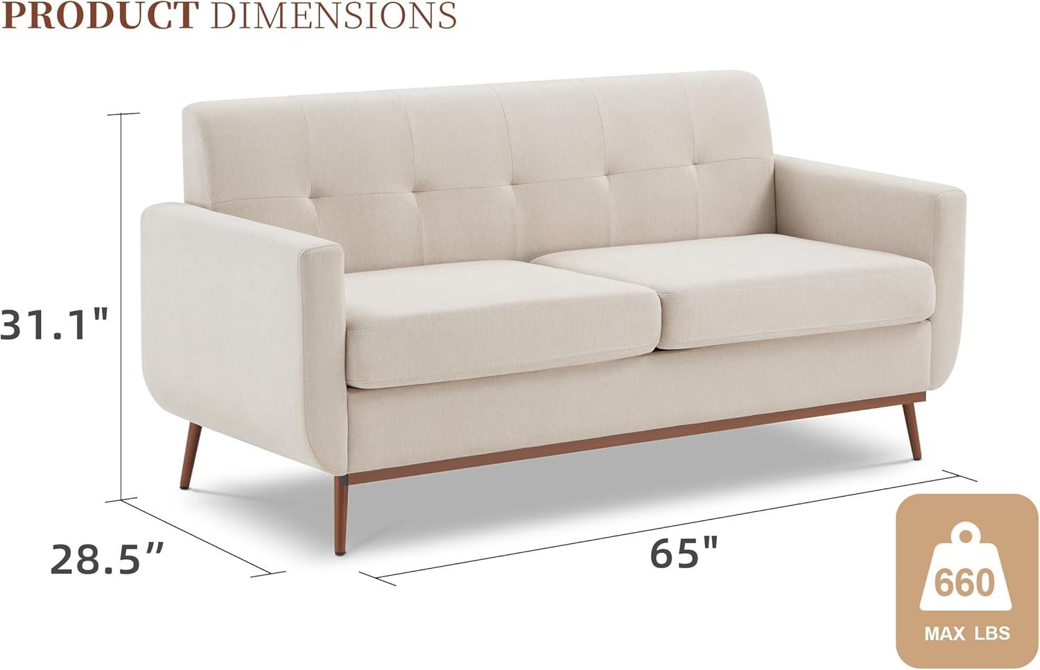 65" Loveseat Sofa, Mid Century Modern Love Seat Couches for Living Room, Comfy Button Tufted Upholstered Sofa Couch for Bedroom, Solid & Easy to Install Small Couch for Small Spaces, Dark Grey