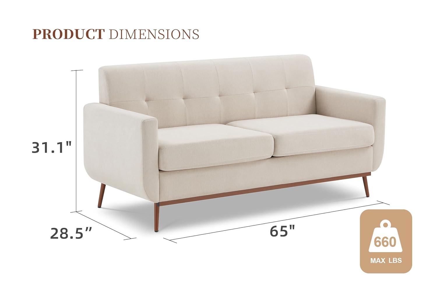 65" Loveseat Sofa, Mid Century Modern Love Seat Couches for Living Room, Comfy Upholstered Sofa Couch for Bedroom, Tufted Design 2 Seater Love Seat Sofa for Small Spaces (Linen-Beige Cream)