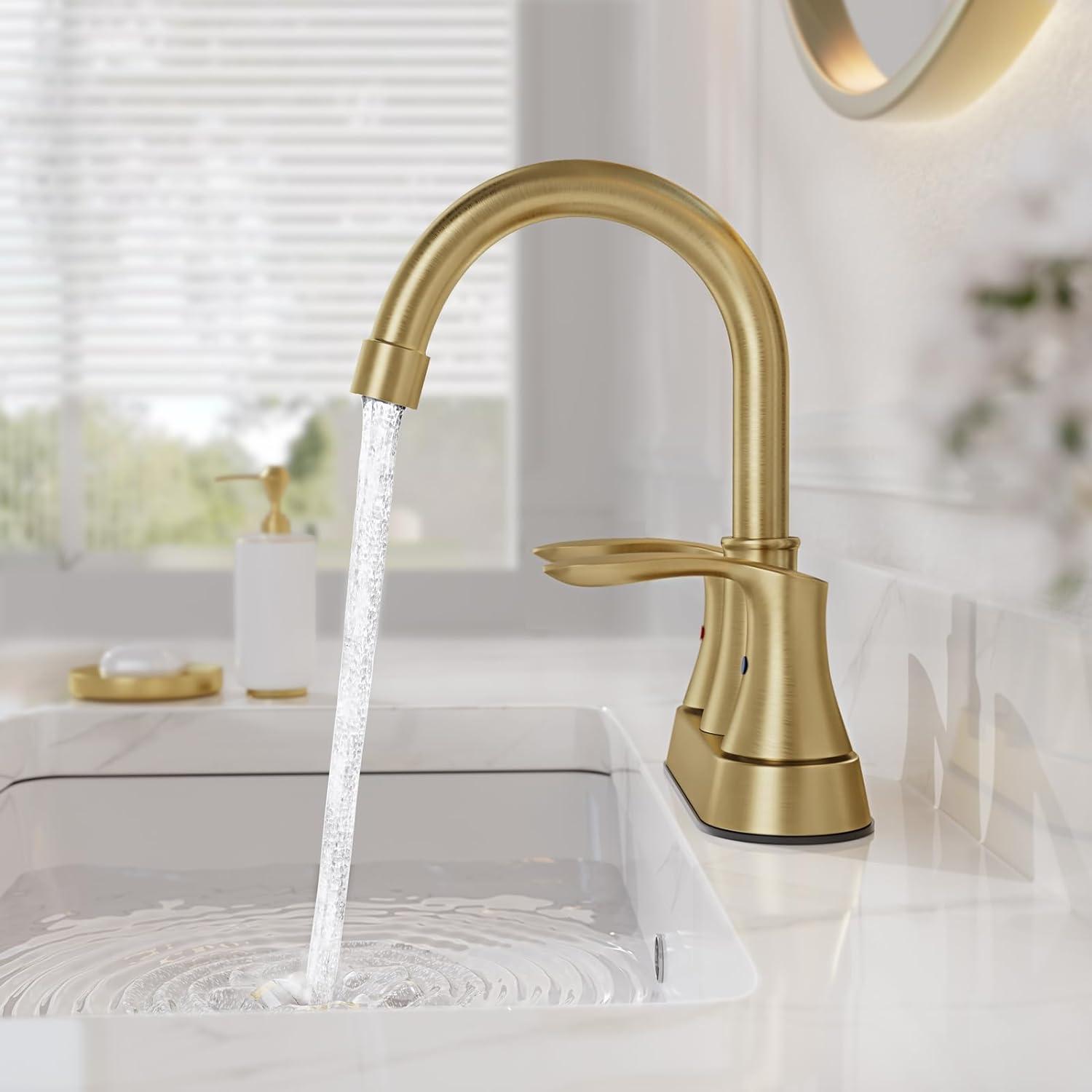 Phiestina 4 Inch 2 or 3 Hole Bathroom Sink Faucet Centerset Brushed Gold 2 Handle RV 360°Swivel Bath Vanity Faucet with Metal Pop Up Drain & Water Supply line, TY36-BG