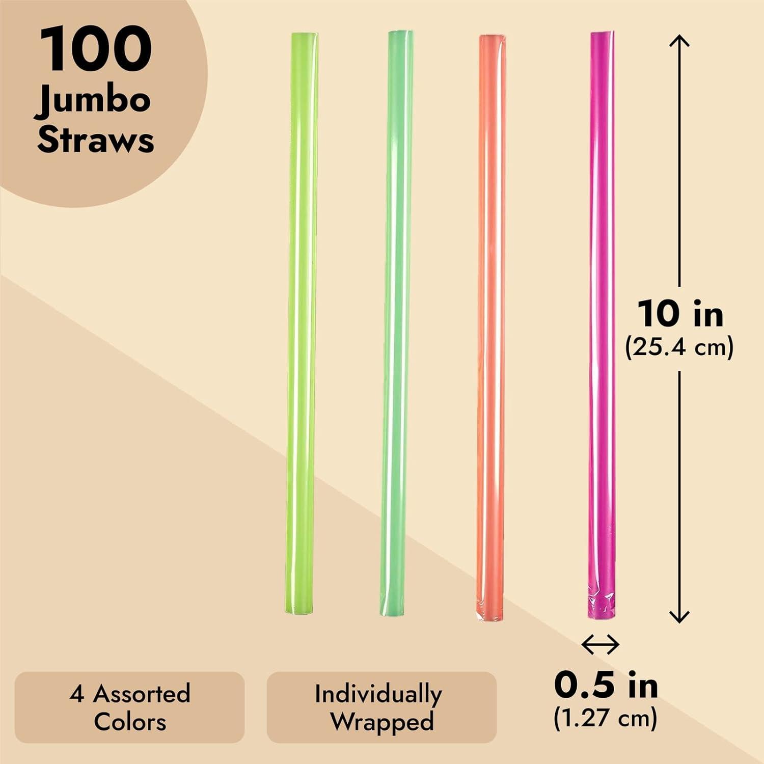 Juvale 100 Pack Jumbo Straws Individually Wrapped for Milkshakes, Smoothies, 4 Colors, 10 x 0.5 in